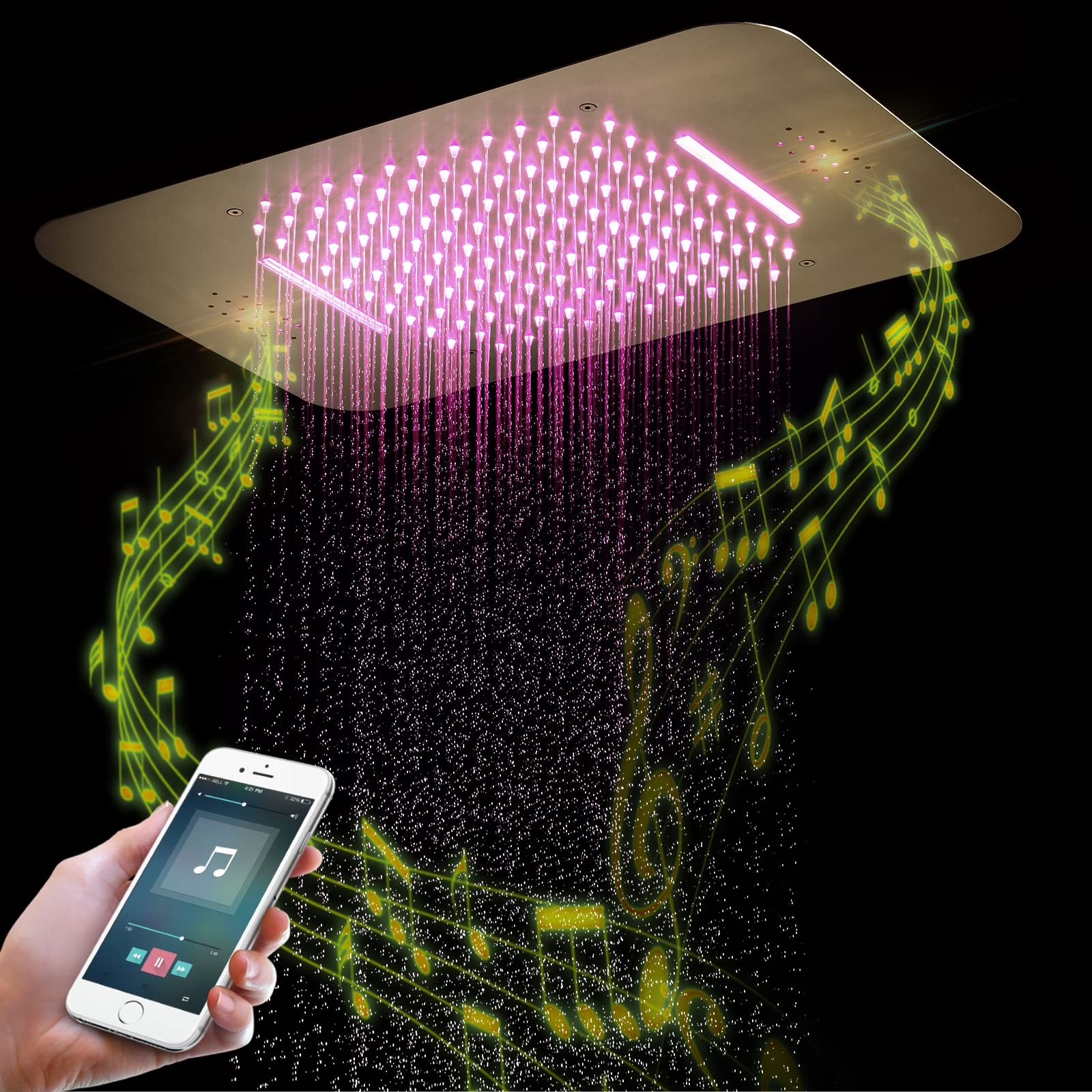 Soffione Doccia LED Musica, Oro Spazzolato 2 Funzioni Soffione Doccia a Pioggia 304 Acciaio Inox Docce Fisse 64 Colore Soffione Doccia Fisso Grande Testa Doccia, 58×38cm,Touch Control