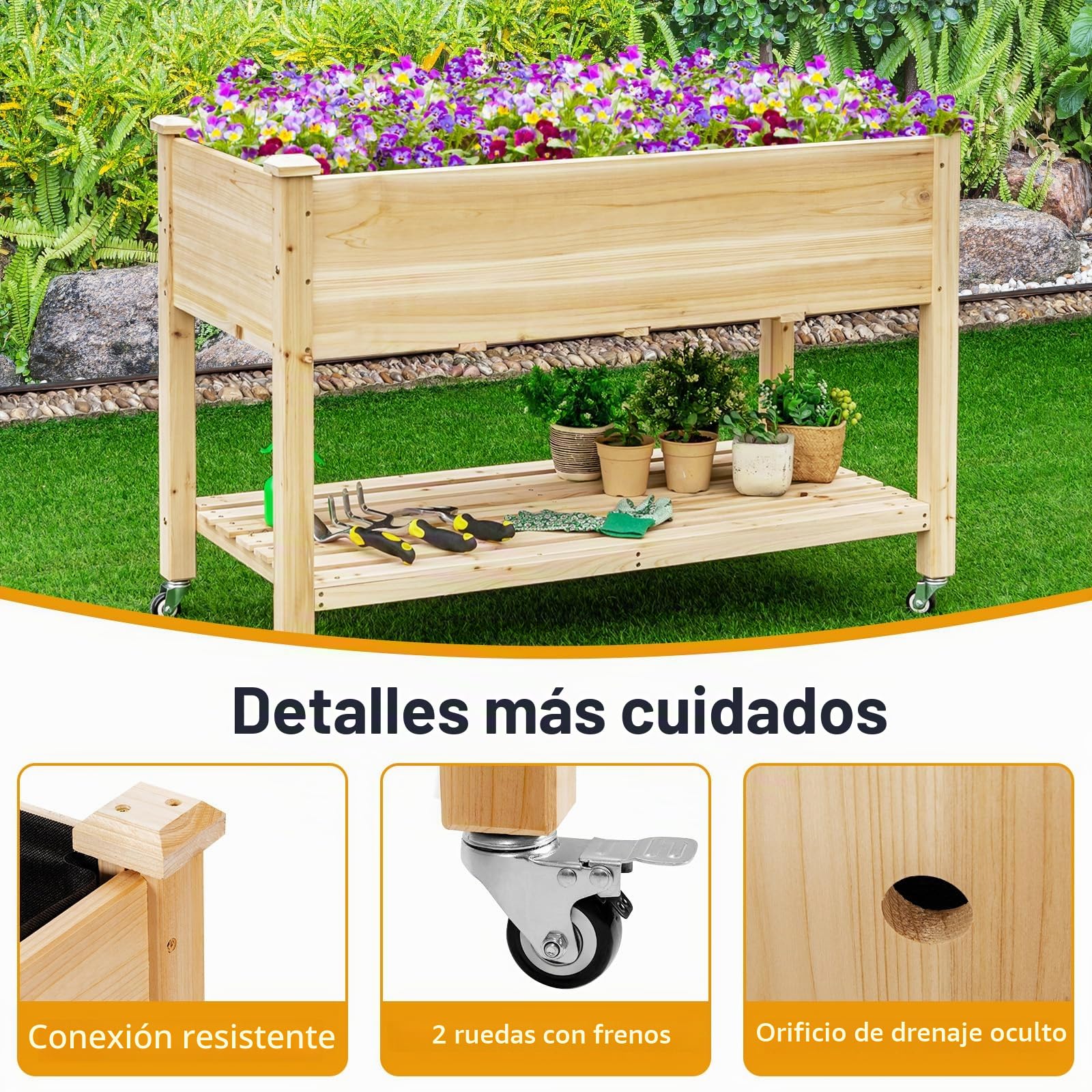 HOMASIS Jardinera de madera con ruedas y estante, jardinera para jardín, balcón, terraza, jardinera con agujeros de drenaje y forro polar, 120 x 59 x 84 cm