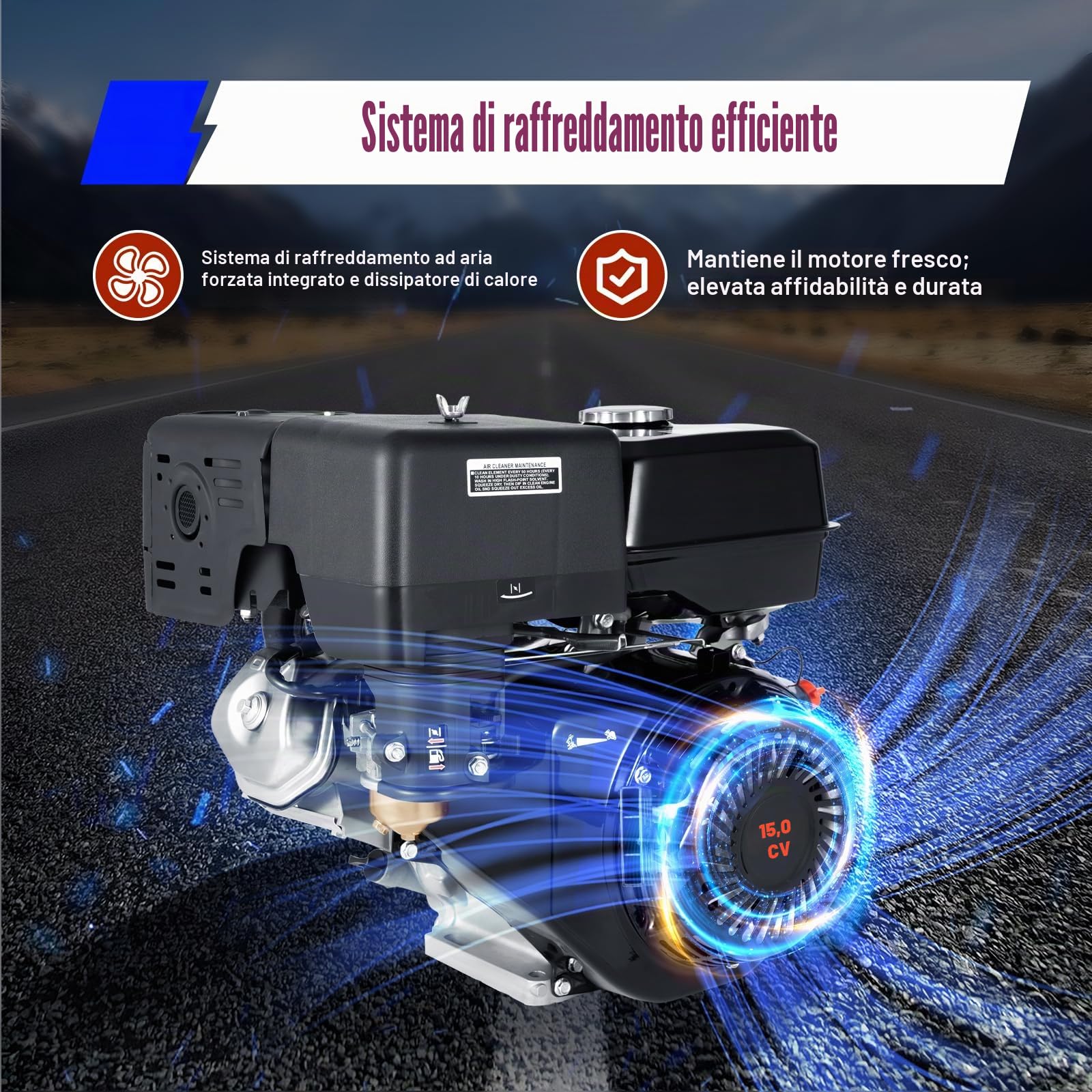 Motore a benzina 420 CC 15 CV 9 KW 4 tempi, motore industriale, 1 cilindro, raffreddato ad aria, di alta qualità, con allarme olio (3600r/min, diametro albero 25 mm), silenziatore leggero (nero)