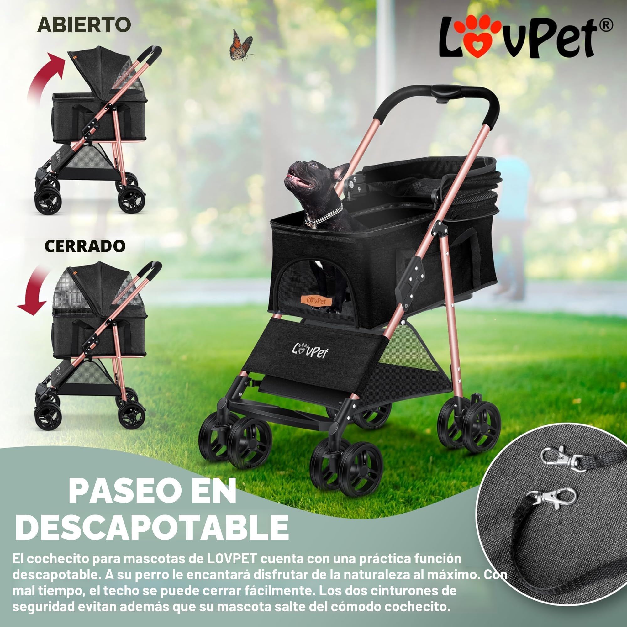 LOVPET Cochecito para perros 2 en 1, bolsa de transporte, plegable, hasta 20 kg, con ventana de red, soporte para bebidas, cubierta de lluvia y manta para correr para mascotas