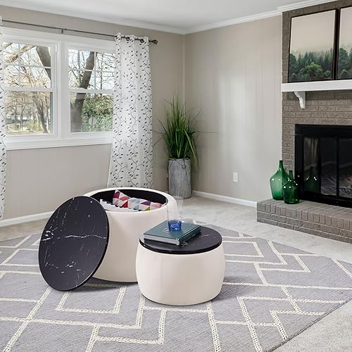 HansStrong - Juego de 2 otomanas redondas de almacenamiento, moderna mesa auxiliar de madera otomana circular con parte superior extraíble,