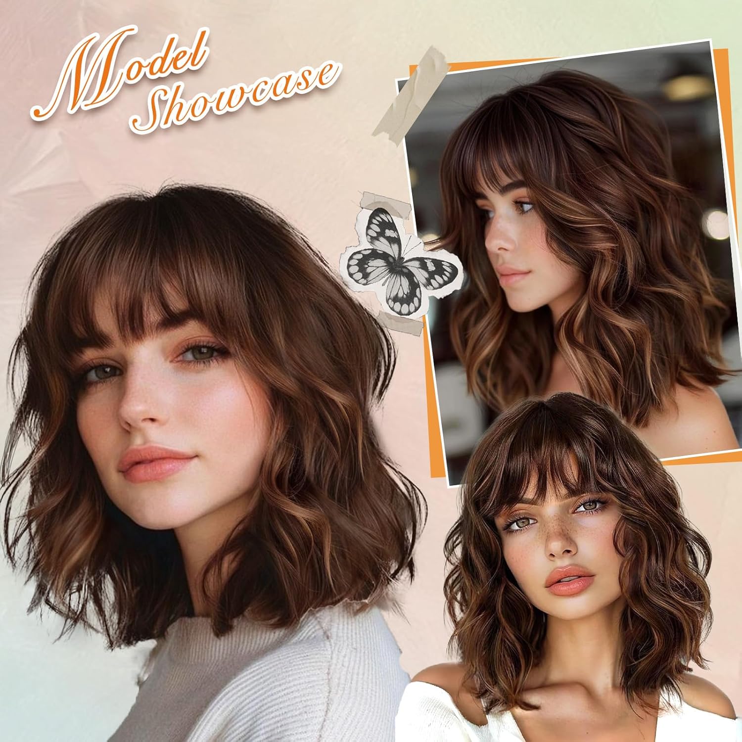 Lativ Brown Wigs with Bangs Bob Curly Wavy Highlight Hair with Dark Roots Short Wig for Women Natural Synthetic Fiber Shoulder Length for Cosplay Daily Use