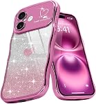 Teageo pour iPhone 15 Cas pour les femmes filles Mignon Curly Wavy Frame Love Heart Glitter Bling Protection de la caméra Sparkly luxe élégant Shockproof Cover Clear Wave Phone Case pour iPhone 15, bleu