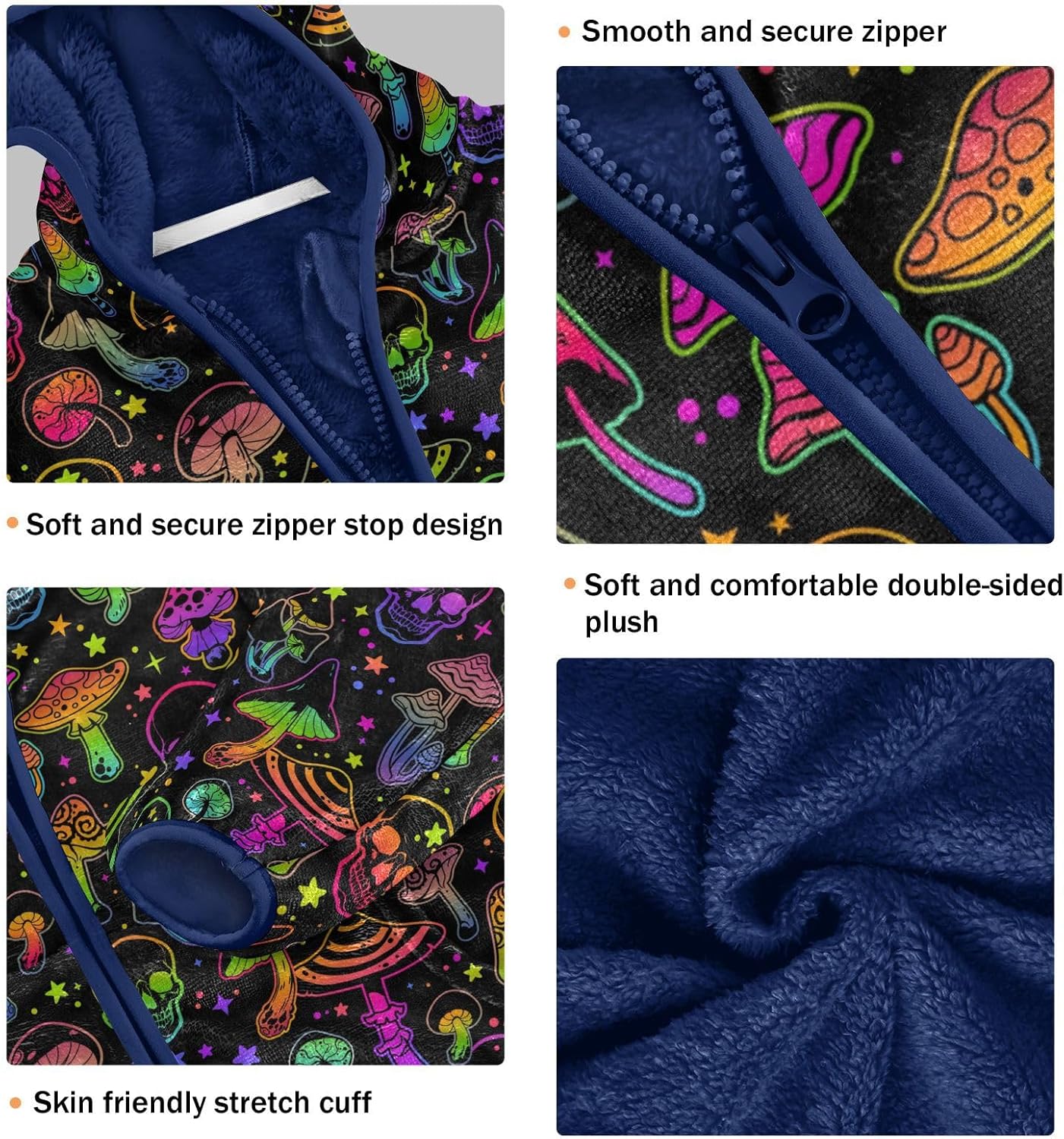 Bright Mushrooms Skulls Boys Fleece Hoody Jacket Zip Up Coat Warm Fall Winter Plush Jacket Long Sleeve Outerwear