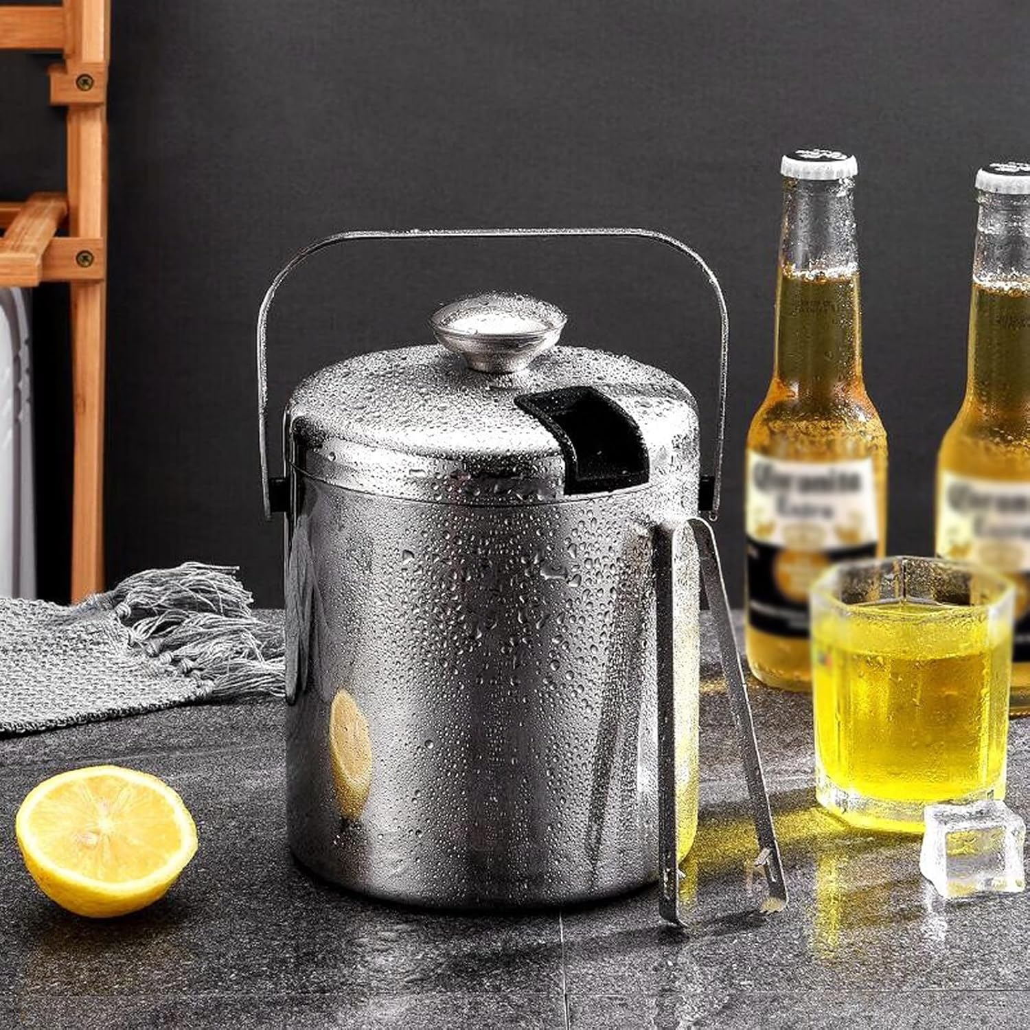 Ice Bucket Ice Bucket with Lid, Tongs and Strainer Double Wall Stainless Steel Insulated, Ideal for Cocktail Bar, Parties, Chilling Wine, Champagne Beverage Ice Tub(1.3L)