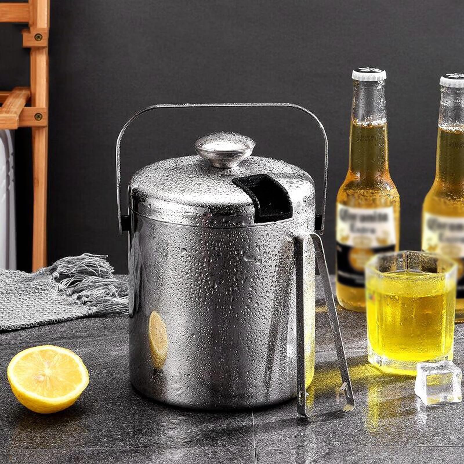 cubos de hielo Cubitera con tapa, pinzas y colador de doble pared(3.0L)