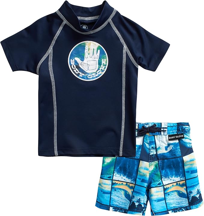 Body Glove Baby Boys' Rash Guard Set - 2 Piece UPF 50+ Swim Shirt and Bathing Suit (Toddler)