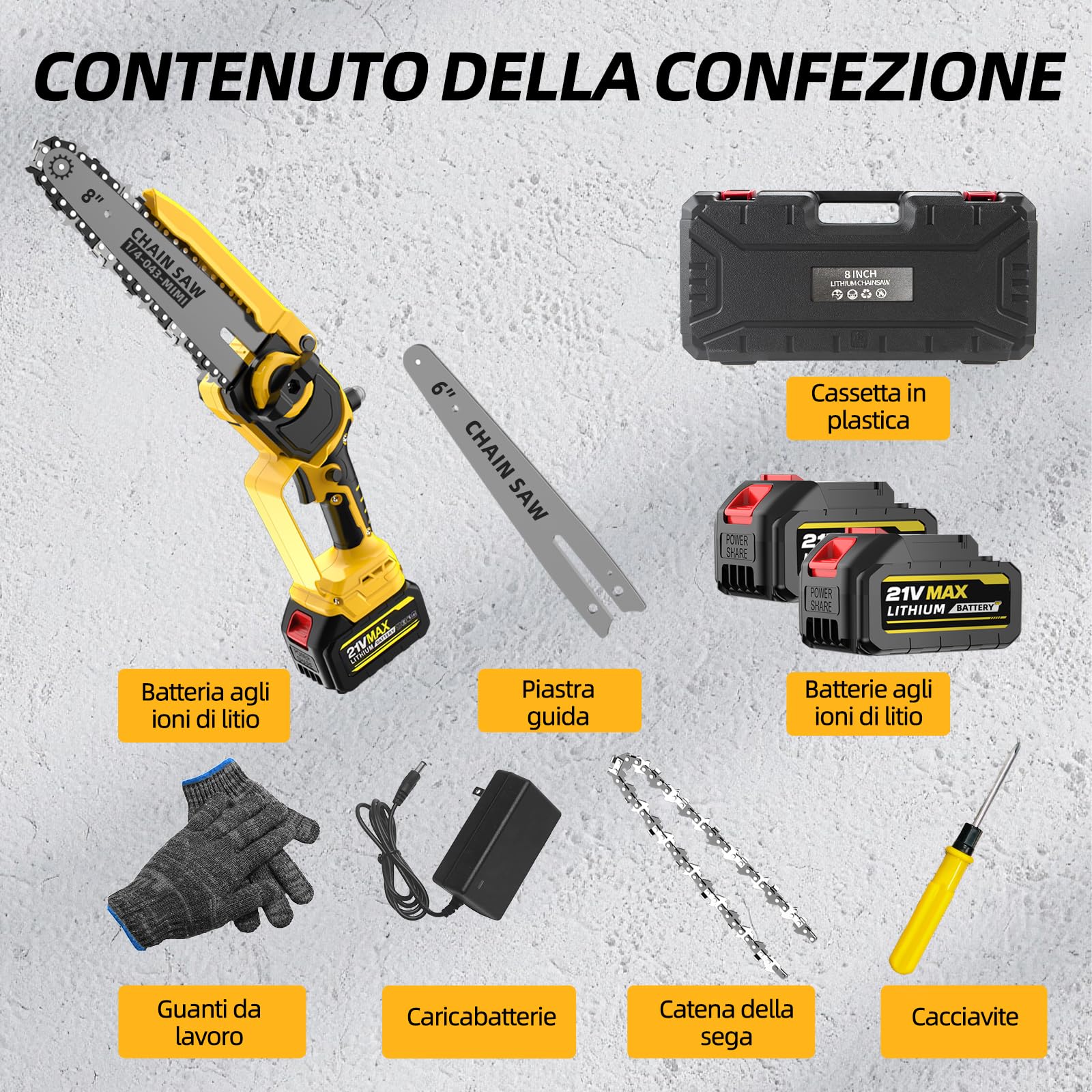 Mini motosega senza fili – Barre 8" e 6", lubrificazione automatica, catena di ricambio, motore brushless 1200W, 2 batterie 4000mAh – Per potatura alberi, giardinaggio e taglio legna