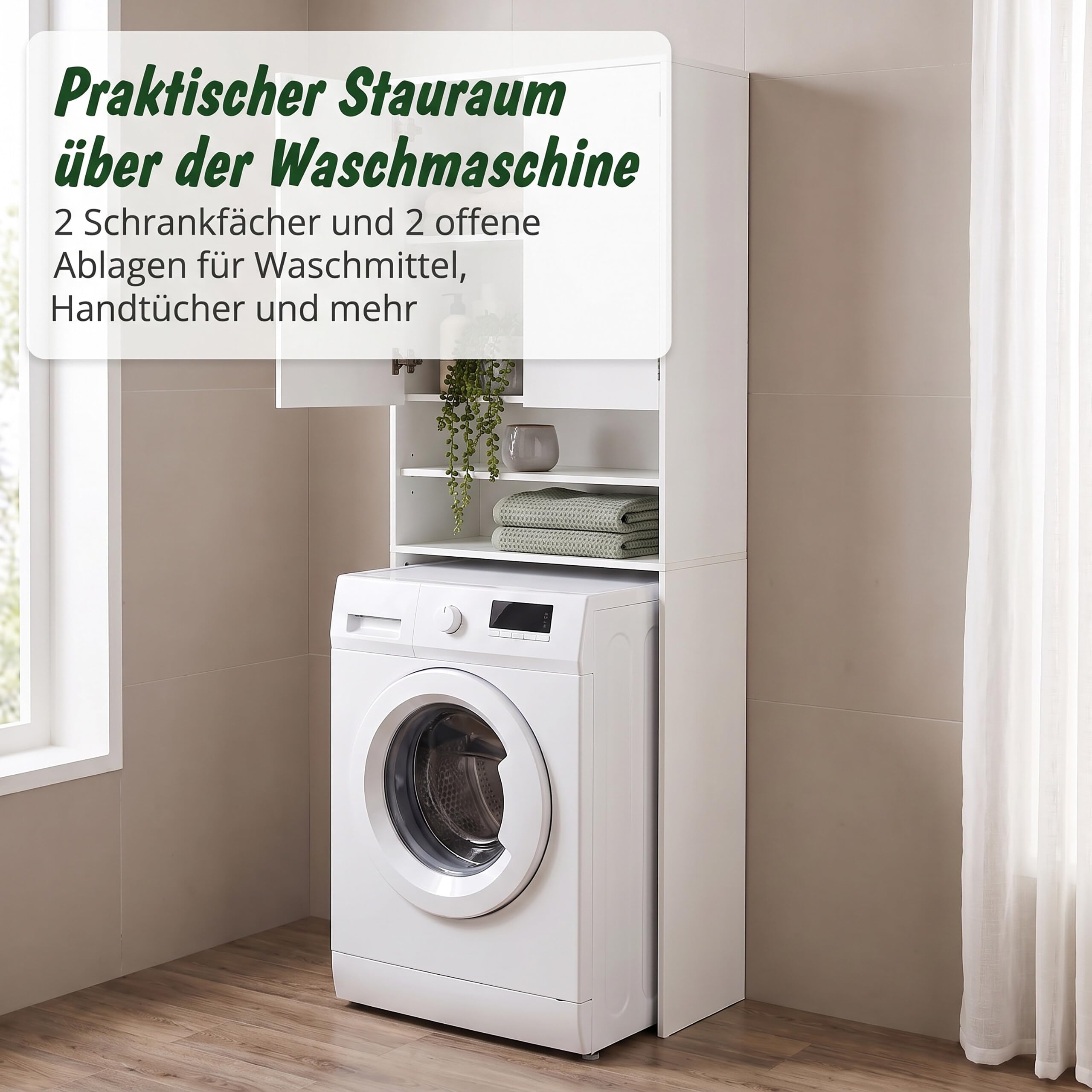 Relaxdays Waschmaschinenschrank, 4 Fächer, Regal über Waschmaschine, Trockner, Toilette, HxBxT: 174 x 63,5 x 30 cm, weiß