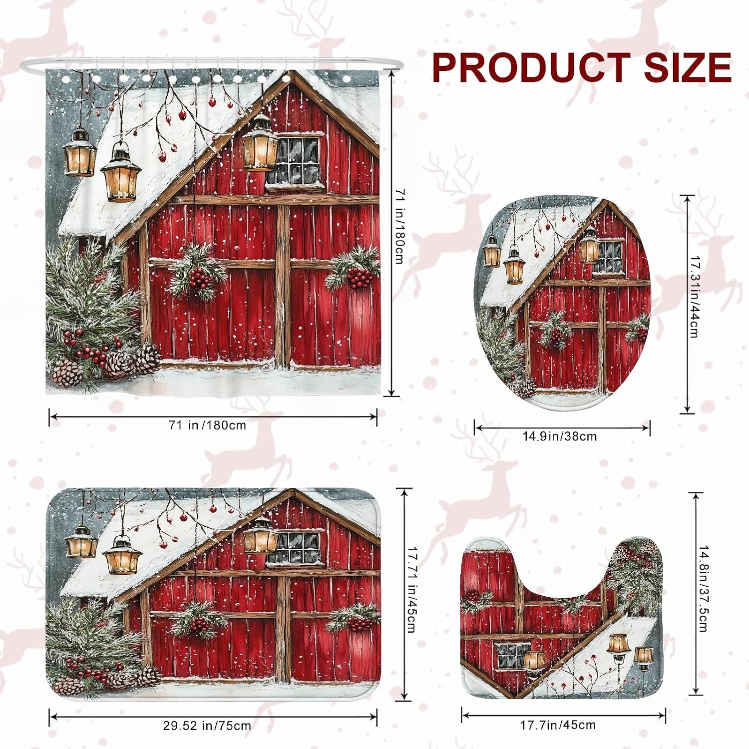 4PCS Winter Farmhouse Christmas Bathroom Sets with Non-Slip Rug, U Shape Toilet Lid Cover Mat, Watercolor Xmas Barn Scenic Bathroom Decoration 72''x72''