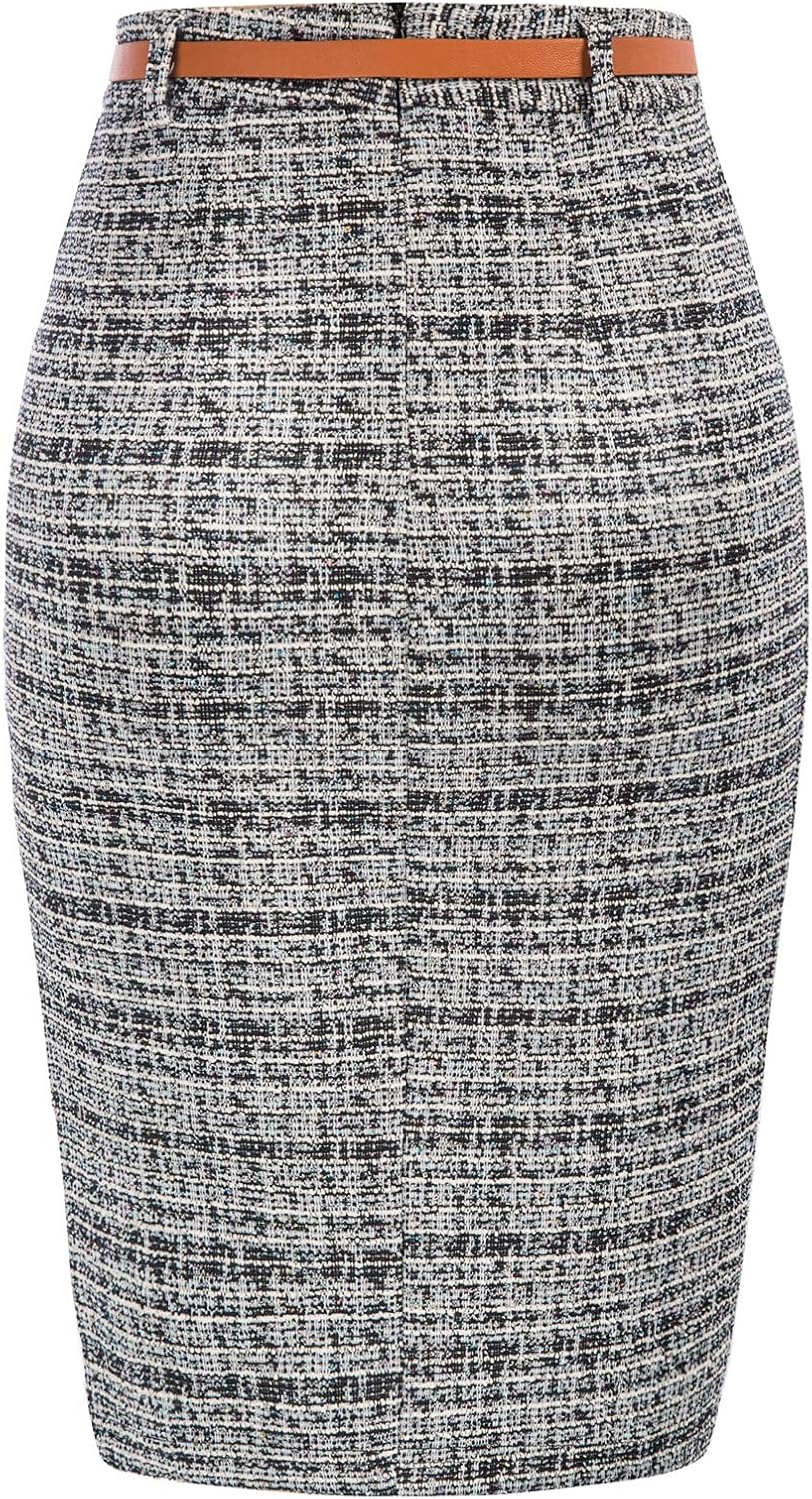 Kate Kasin Women's Tweed Pencil Skirt Knee Length High Waisted Skirts with Slit Elegant Skirts with Belt - Image 4