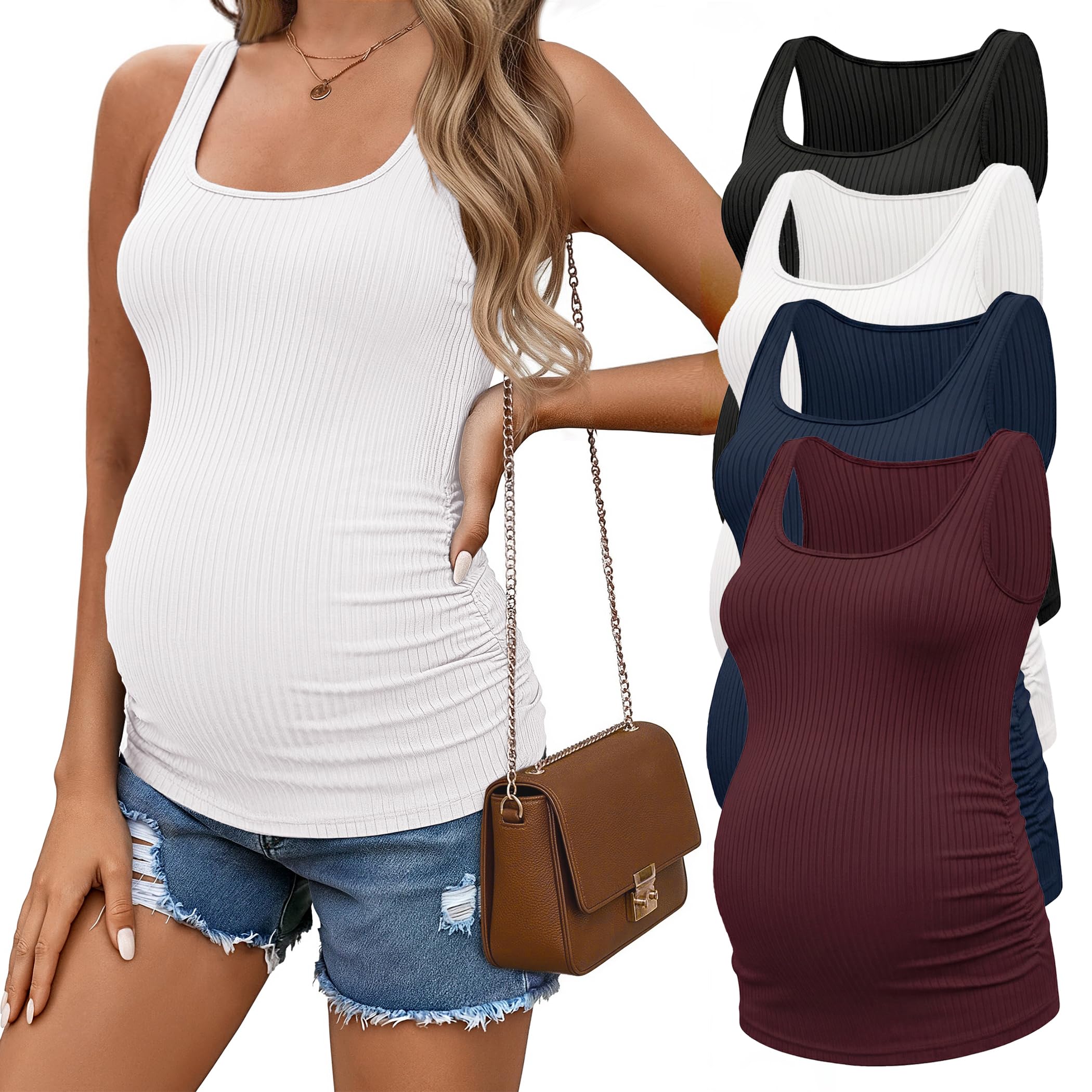 Ekouaer 4 Pack Maternity Tank Tops Ribbed Summer Pregnancy Shirts Ruch Side Tops Casual Square Neck Postpartum Clothes