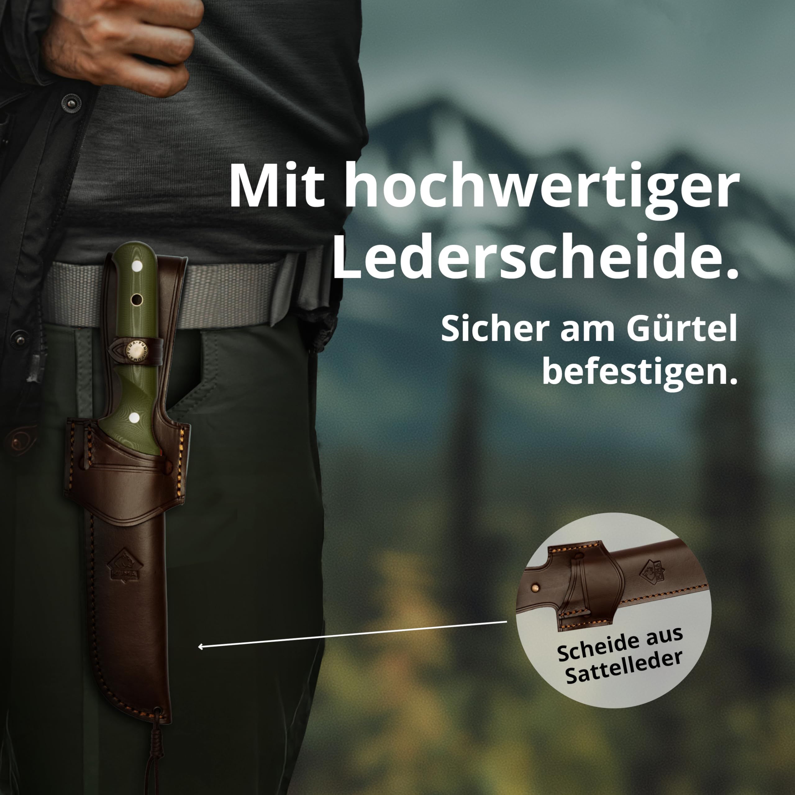 PUMA - Keiler “Hunt to Survive” Edition - Feststehendes Outdoor-Messer - Full-Tang - aus 1.4116 Stahl (57 HRC) – Ergonomischer G10-Griff – 170 mm Klinge – Mit Lederscheide(Art.Nr.: 143585)