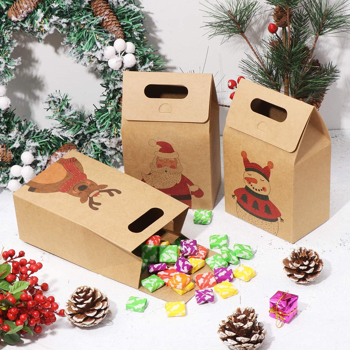 16pcs Christmas Kraft Paper Gift Boxes, Xmas Candy Goodies Treat Bags for Holiday Party Supplies - Christmas Tree, Santa, Elk, Snowman