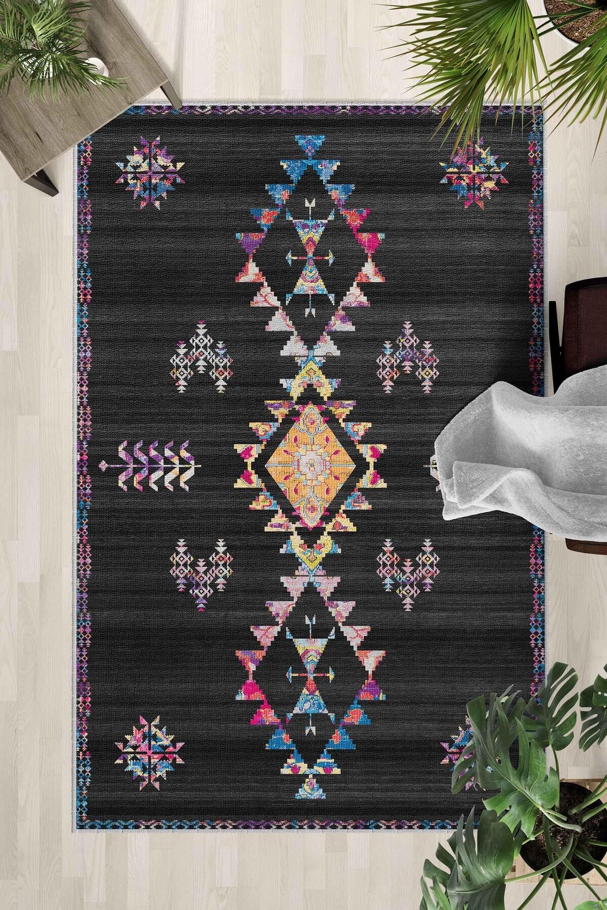 Monnhein Çok Renkli Halı 0038 - Yıkanabilir, Kaymaz Taban, Dijital Baskılı, Leke Tutmaz, İnce Hav, Modern Salon, Oturma Odası, Yatak Odası ve Mutfak için Dekoratif Halı