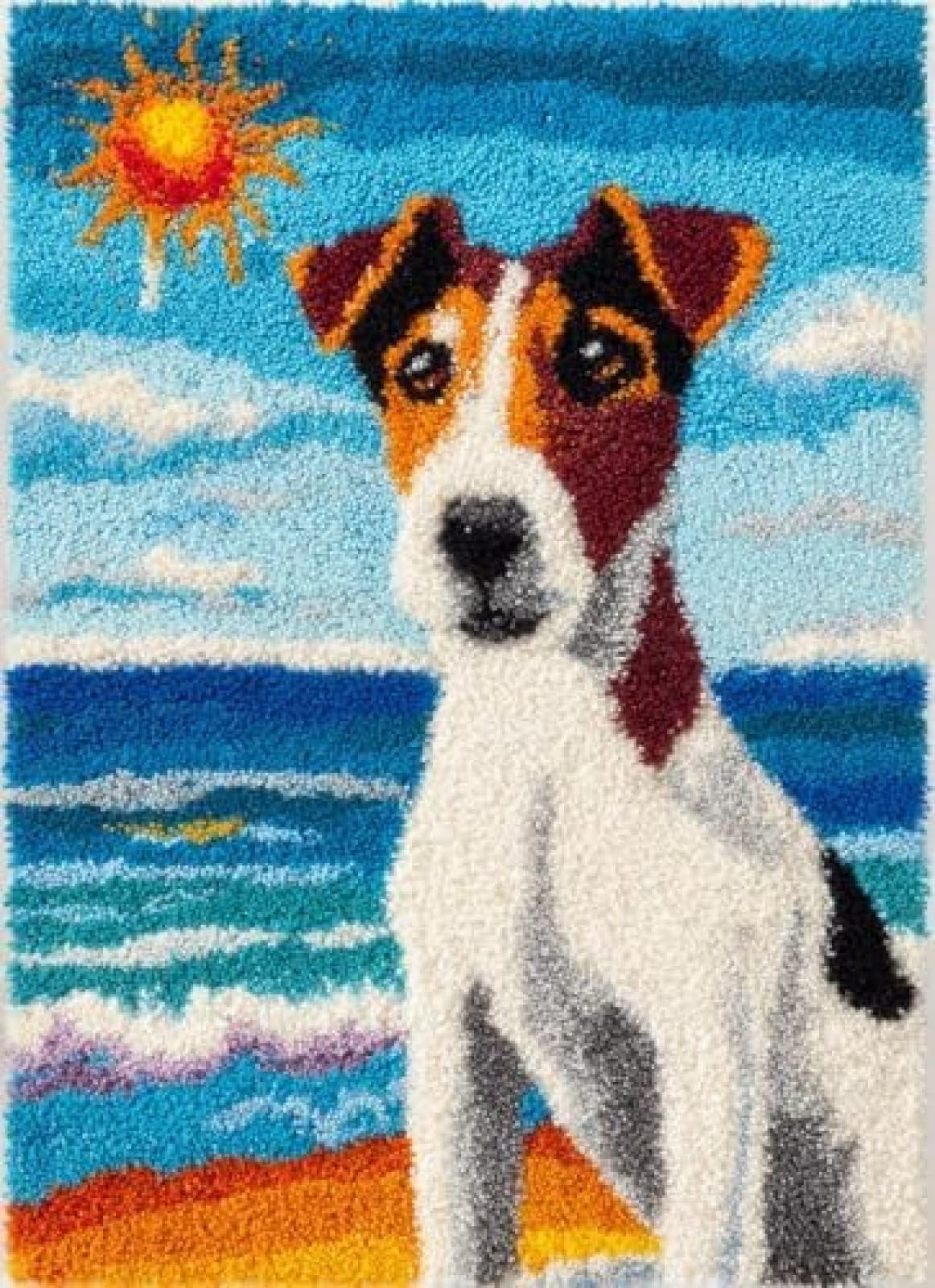 Xdeghuangss Multicoloured Latch Hook Rug Kit Fox Terrier Dog Swimming Seaside Cushion Cover Diy Craft Set Pre-Printed Mat 38X52cm For Home Decor-4