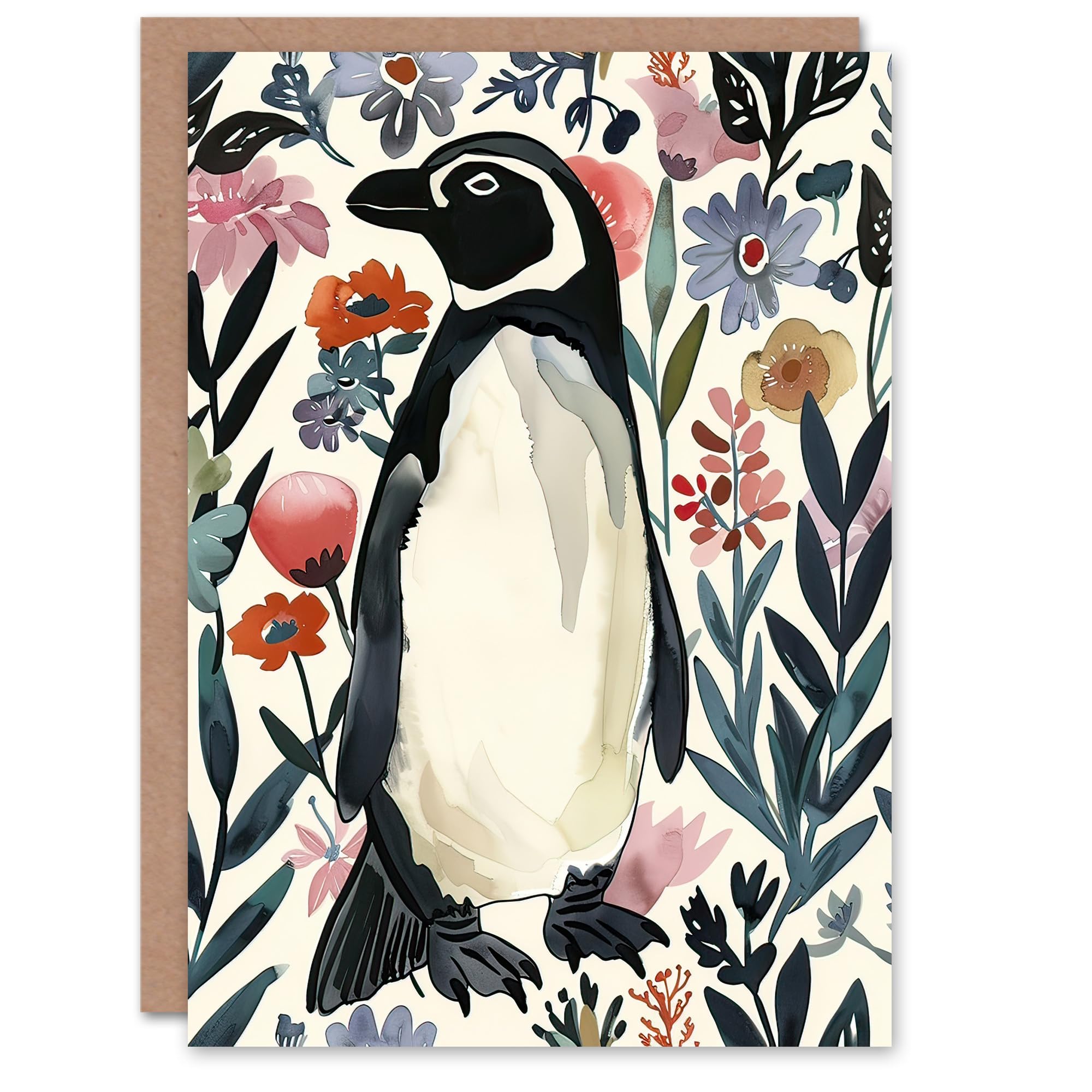 Artery8 Greeting Card Penguin in Coastal Wildflowers Bright Floral For Her Woman Birthday Card