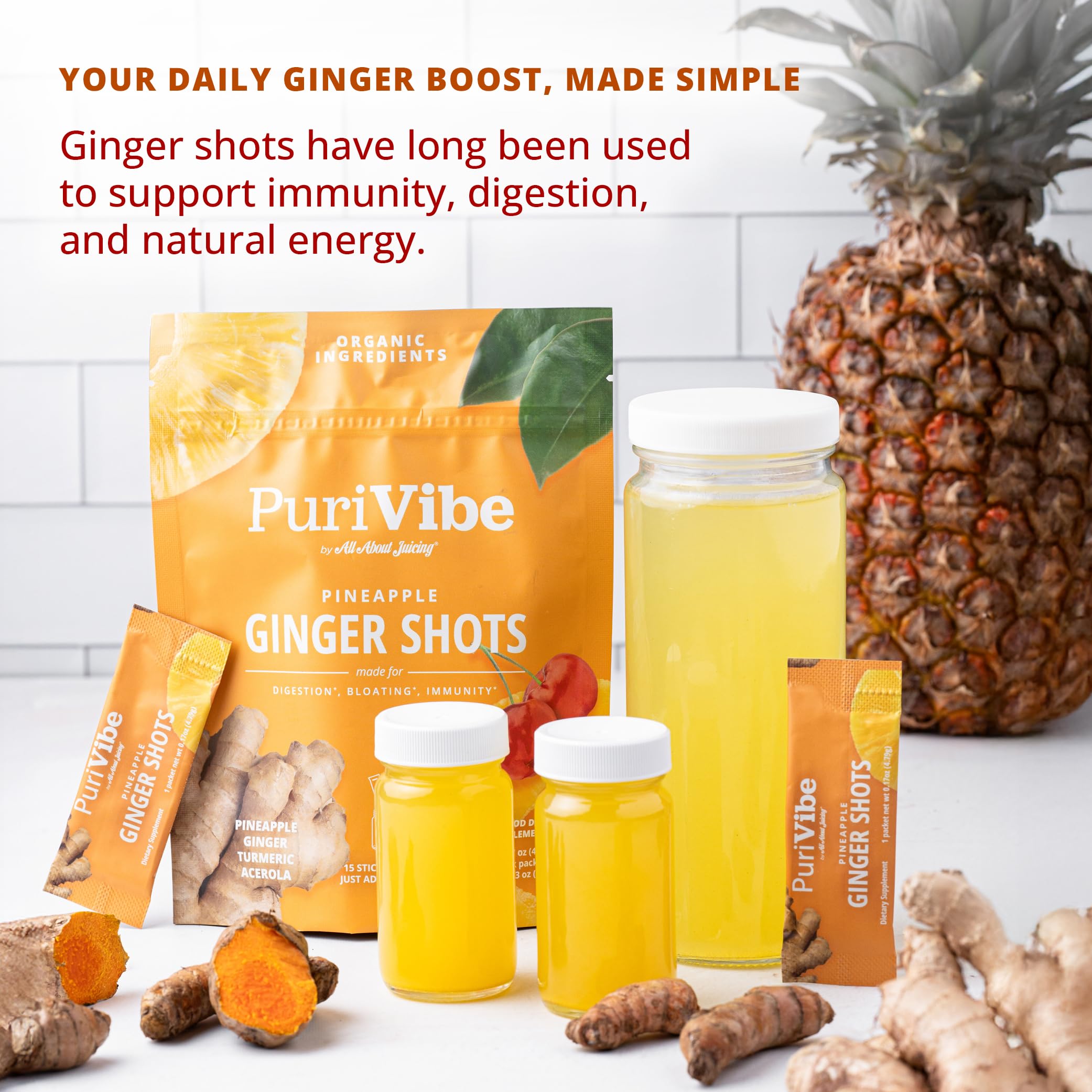 PuriVibe Ginger Shots Juice Powder, Pineapple, Turmeric, Immunity, 15 Packs — Amazon image 3