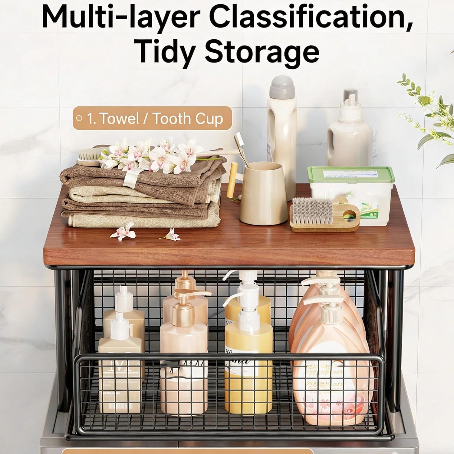 Kitchen Countertop Organizer with Drawer and Wire Basket, Sturdy Hardwood Shelf Storage, Space-Saving Storage For Coffee Maker, Microwave, Toaster & Spices(Style-A)