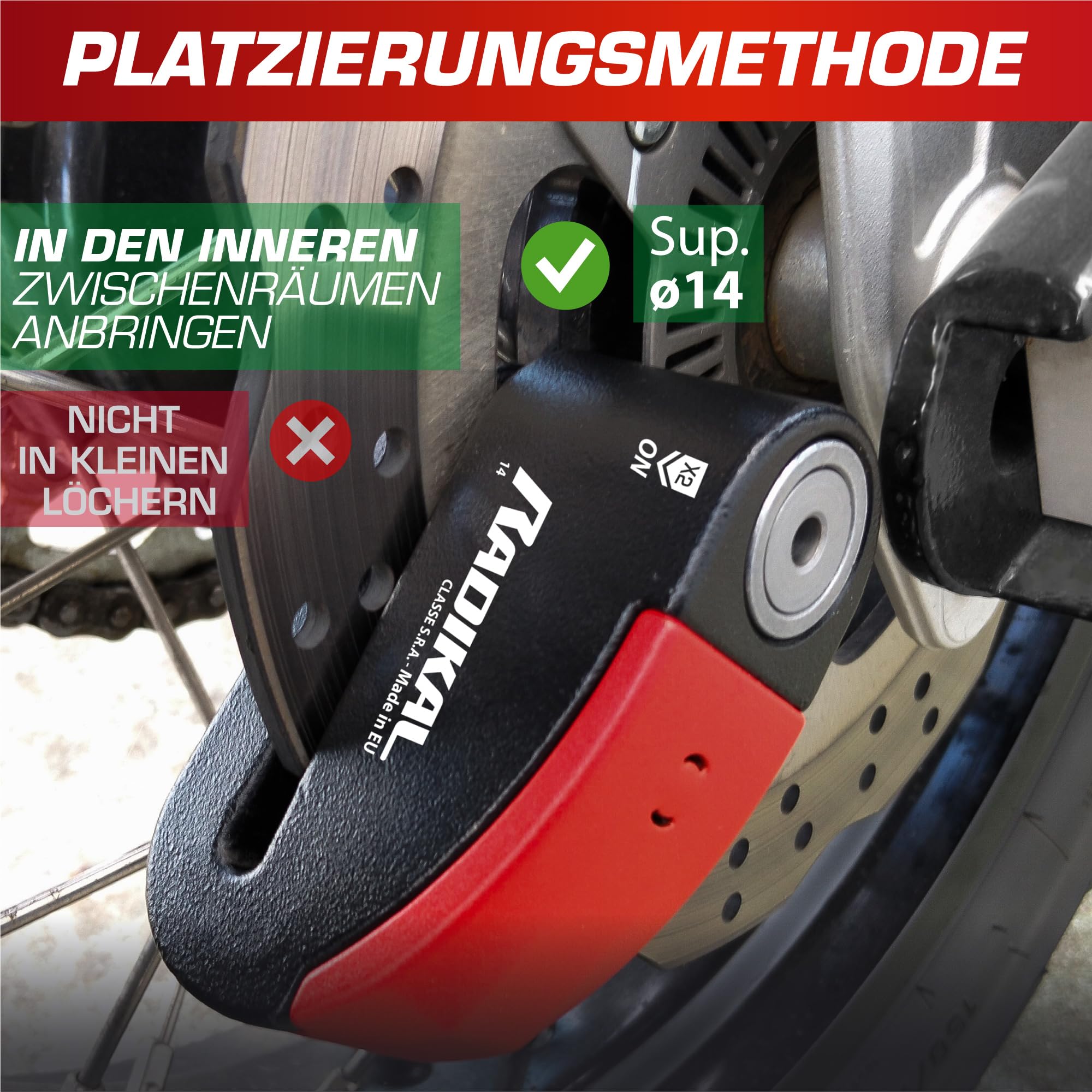 RADIKAL RK15 Bremsscheibenschloss Premium mit Alarm | Aktivierung nach Wahl, 120 dB, LED Warnung Voralarm | Motorrad Schloss SRA-zertifiziert, aus zementiertem Stahl, Doppelverriegelung Ø14, Rot