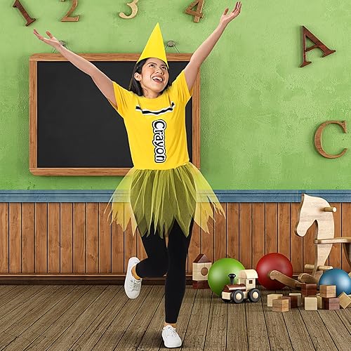 Miniatura 4 de Mepase Conjunto de disfraz de crayón, camiseta de crayón, falda tutú, gnomo, sombrero de cono, leggings para mujeres profesoras