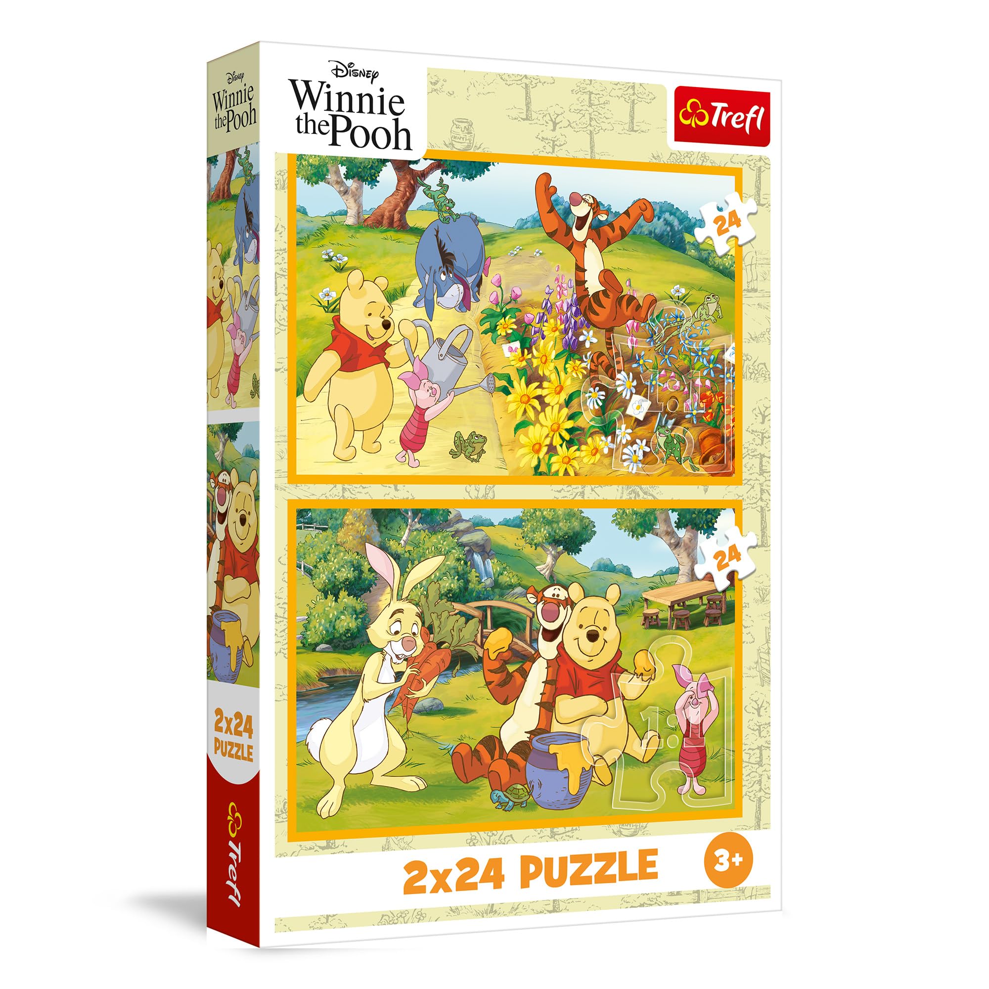 Trefl - Puzzle 2w1: Winnie the Pooh, Dzień w Ogrodzie - 2 x 24 Elementy, Zestaw Dwóch Układanek dla Dzieci od 3 lat