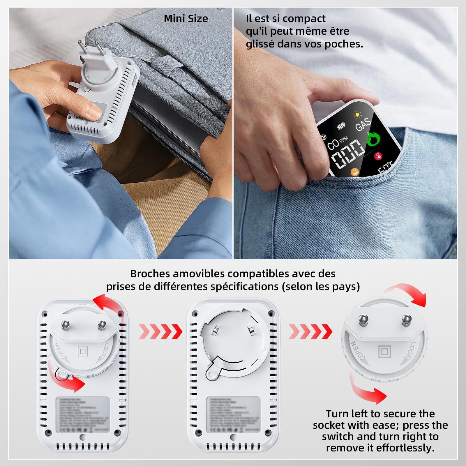 4 in 1 Plug in Détecteur Monoxyde de Carbone,Alarme de CO Portatif,Detecteur de Gaz avec Batterie 1000mah Rechargeable Intégrée & HD L'écran[CO Temp Humidité]- Norme en 50291-Blanc