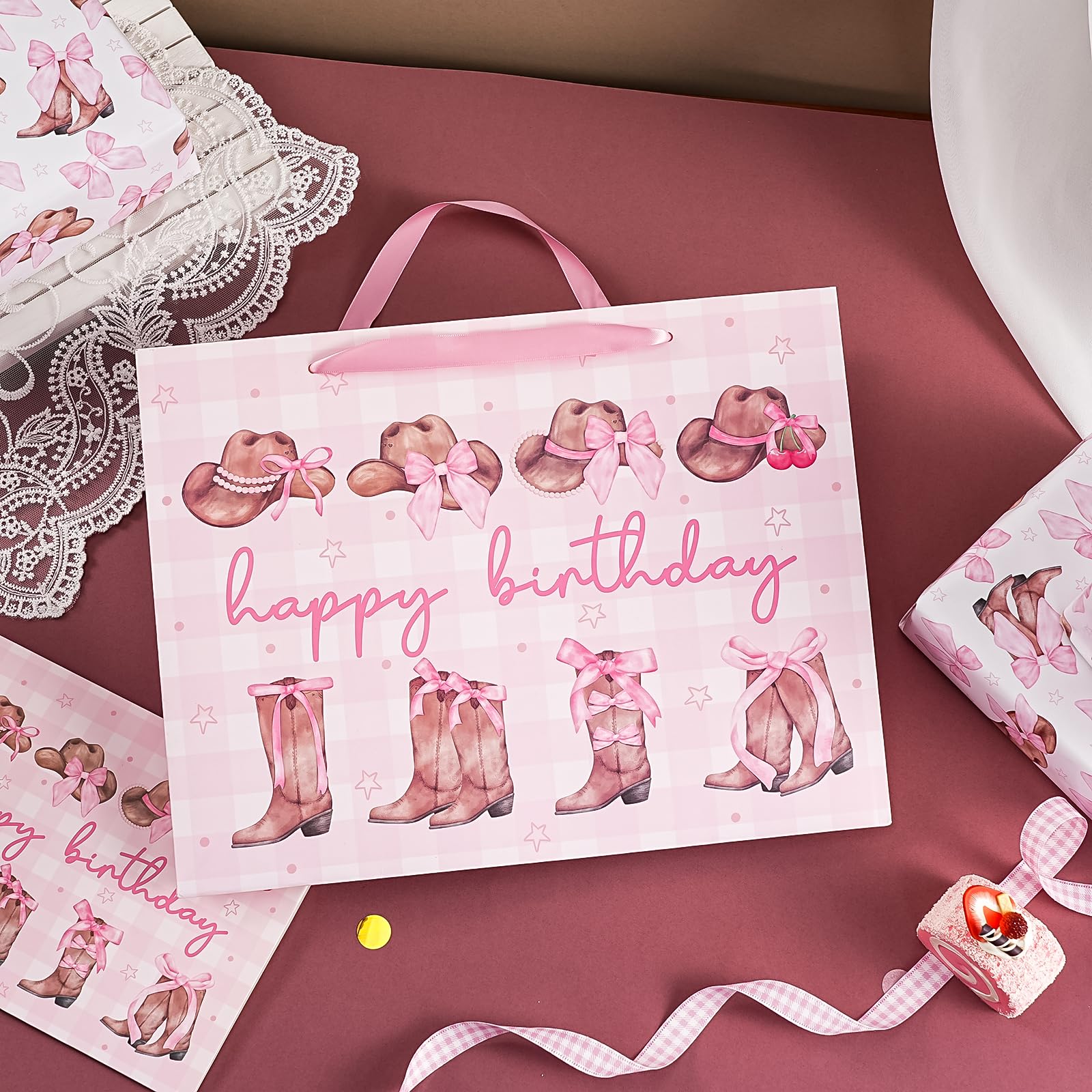 WRAPAHOLIC 13" Large Pink Cowgirl Birthday Gift Bag with Card and Tissue Paper - Western Bow Happy Birthday Wrapping Paper Bags for Party Favors Decor Girls Women Supplies