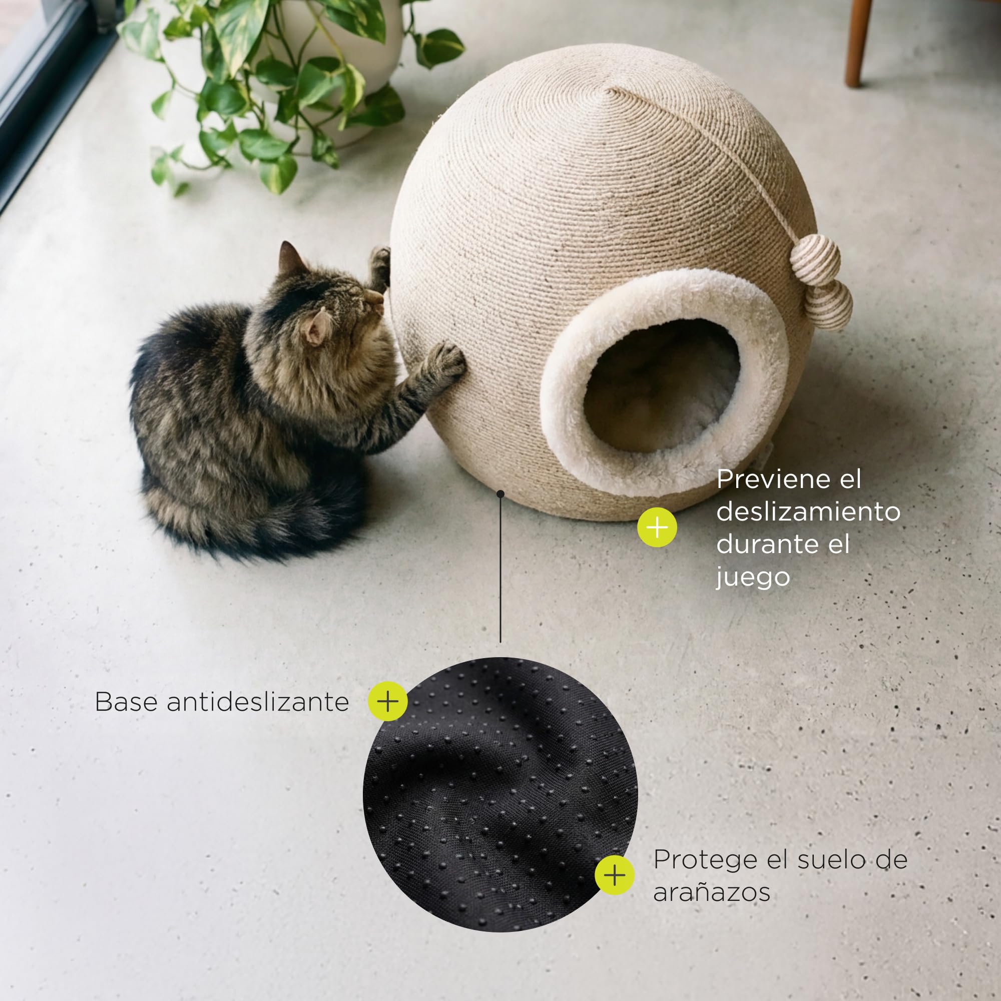 Flurby Rascador de Sisal con Casa para Gato Bola 45x45x37 cm, Cama y Escondite, Base Estable Antideslizante, Juguete con 2 Pelotas Colgantes