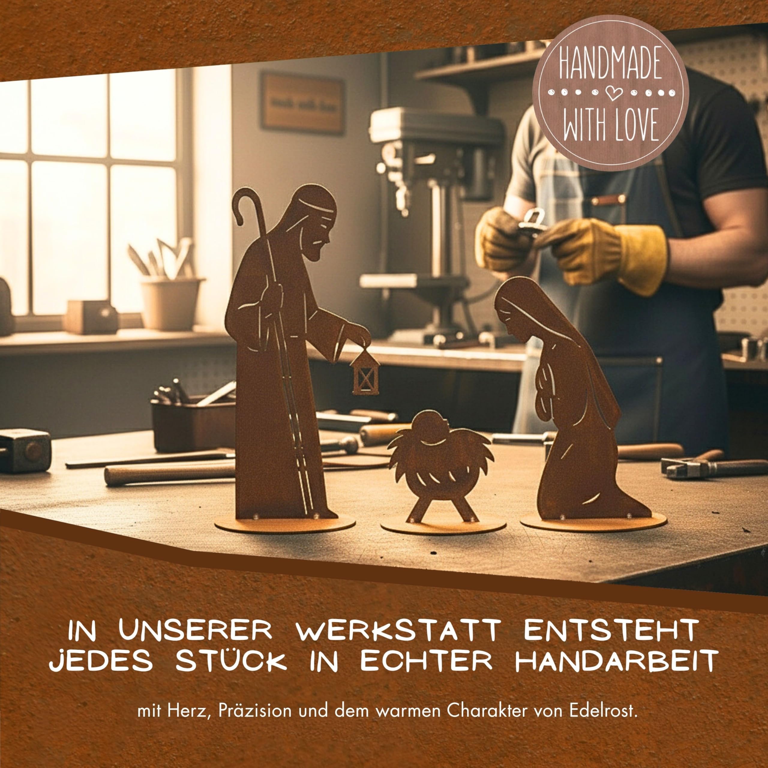 Rostikal Weihnachtskrippe XXL 3-teilig – Edelrost Krippe aus Metall mit Laterne, Maria Josef & Jesus – wetterfeste Gartendeko Weihnachten auf Standplatten, handgefertigt in Bayern