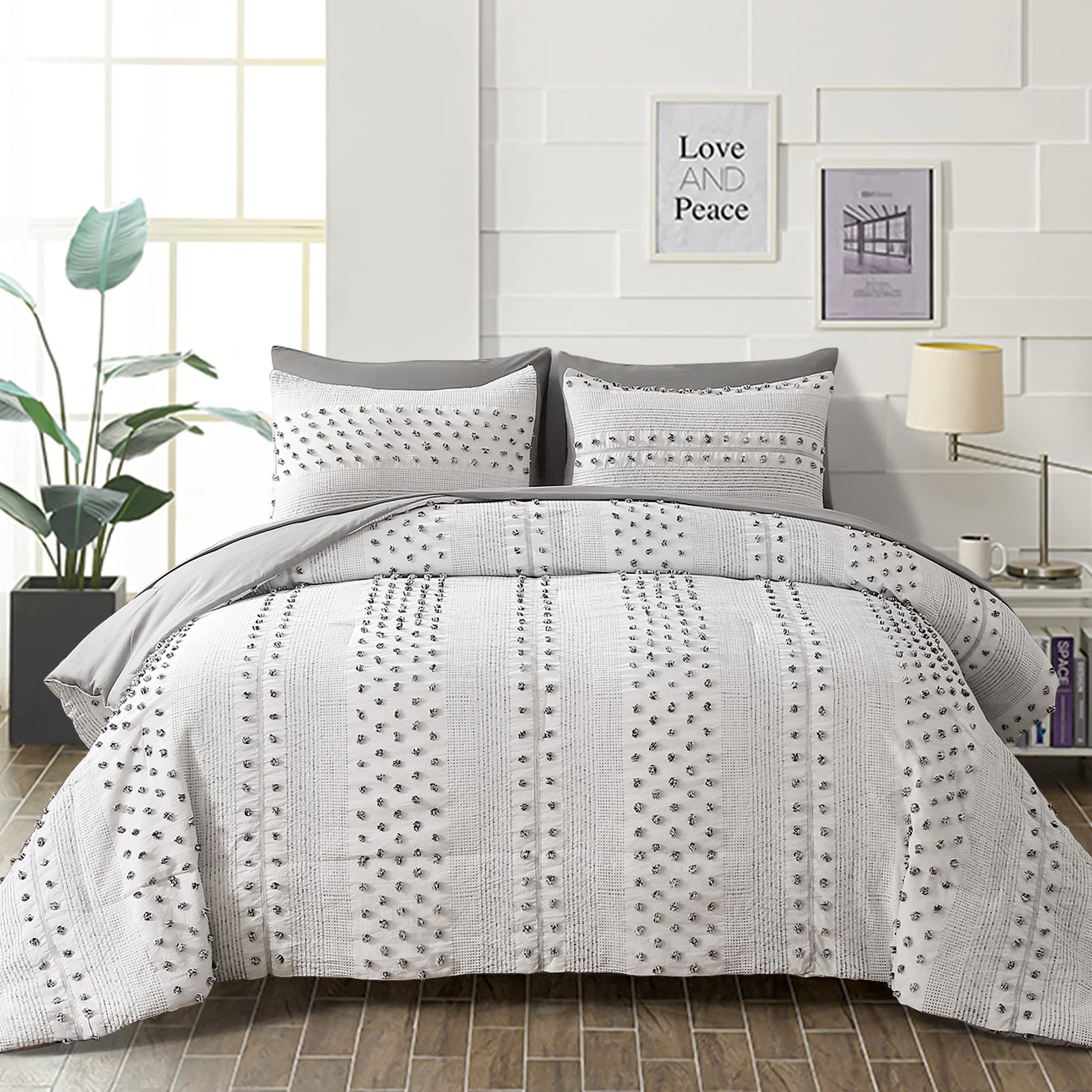 Boho Comforter Set King Size Bed in A Bag 7 Piece Tufted Dot Pom Pom
