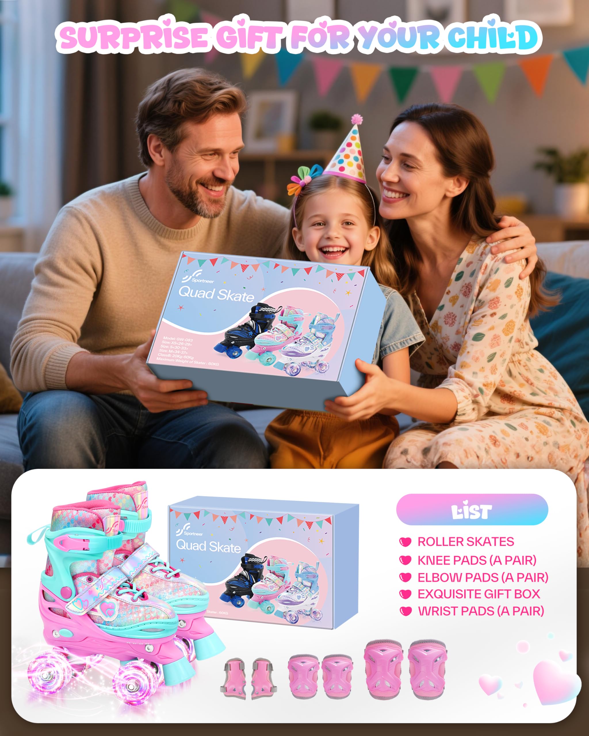 Sportneer Kids Roller Skates: 4 Size Adjustable Quad Skates with Light Up Wheels for 5-8, 8-12 Girls Boys Kids Toddlers Beginners, Birthday Gift with Protective Gear Set for Outdoor Indoor