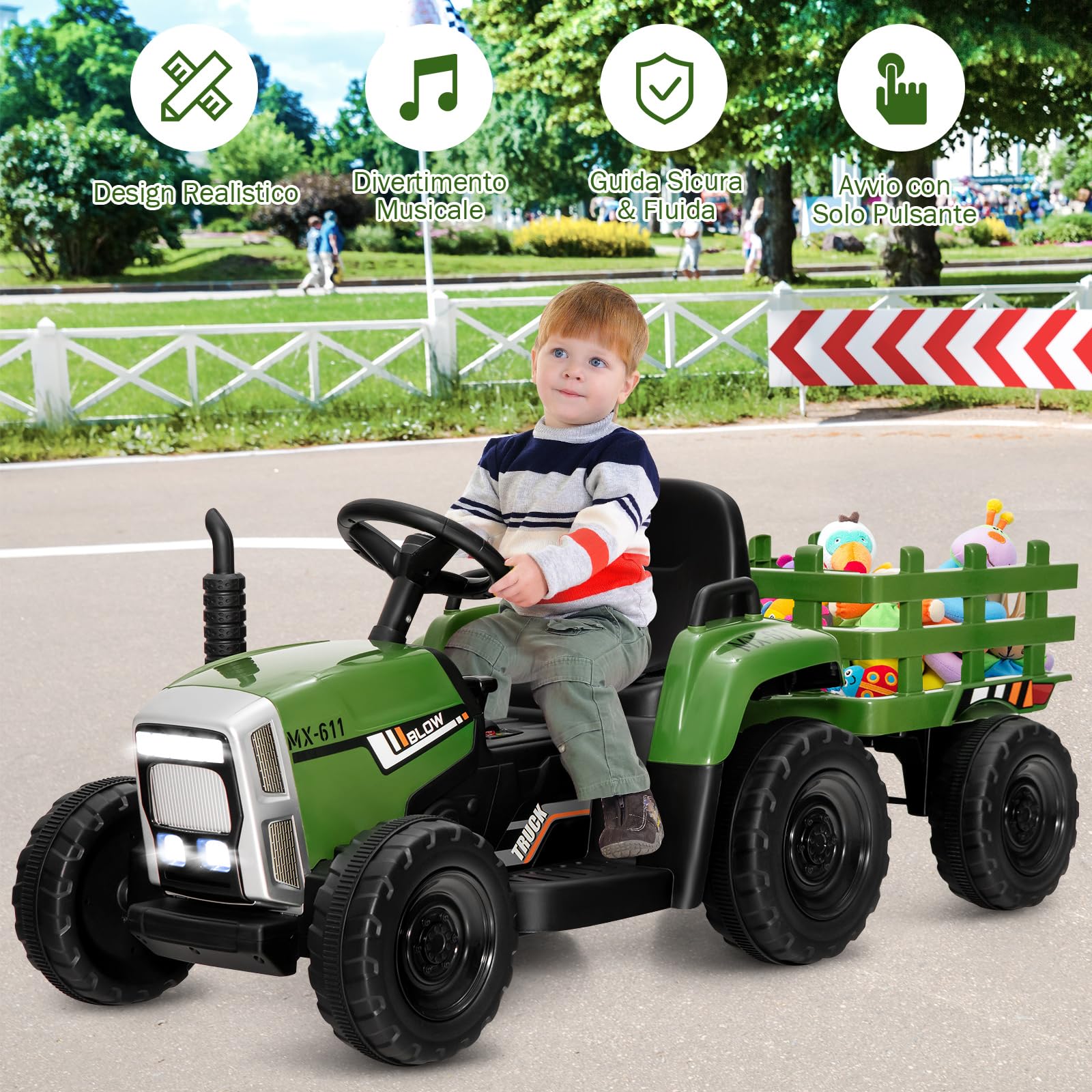 GYMAX Trattore Elettrico per Bambini con Telecomando, Giocattolo Cavalcabile con Funzione di Luce, Musica e Bluetooth, 6 Ruote Antiscivolo, 136 x 51 x 52 cm (Verde Scuro)
