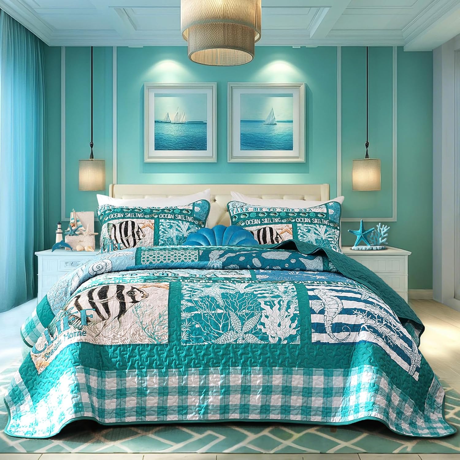 Djoymock Beach Quilt Set Queen Size 3 Piece,Summer Coastal Bedspread Coverlet Lightweight Green Ocean Theme Plaid Patchwork Bedding Set with Shams,Reversible Microfiber Comforter Set for All Season
