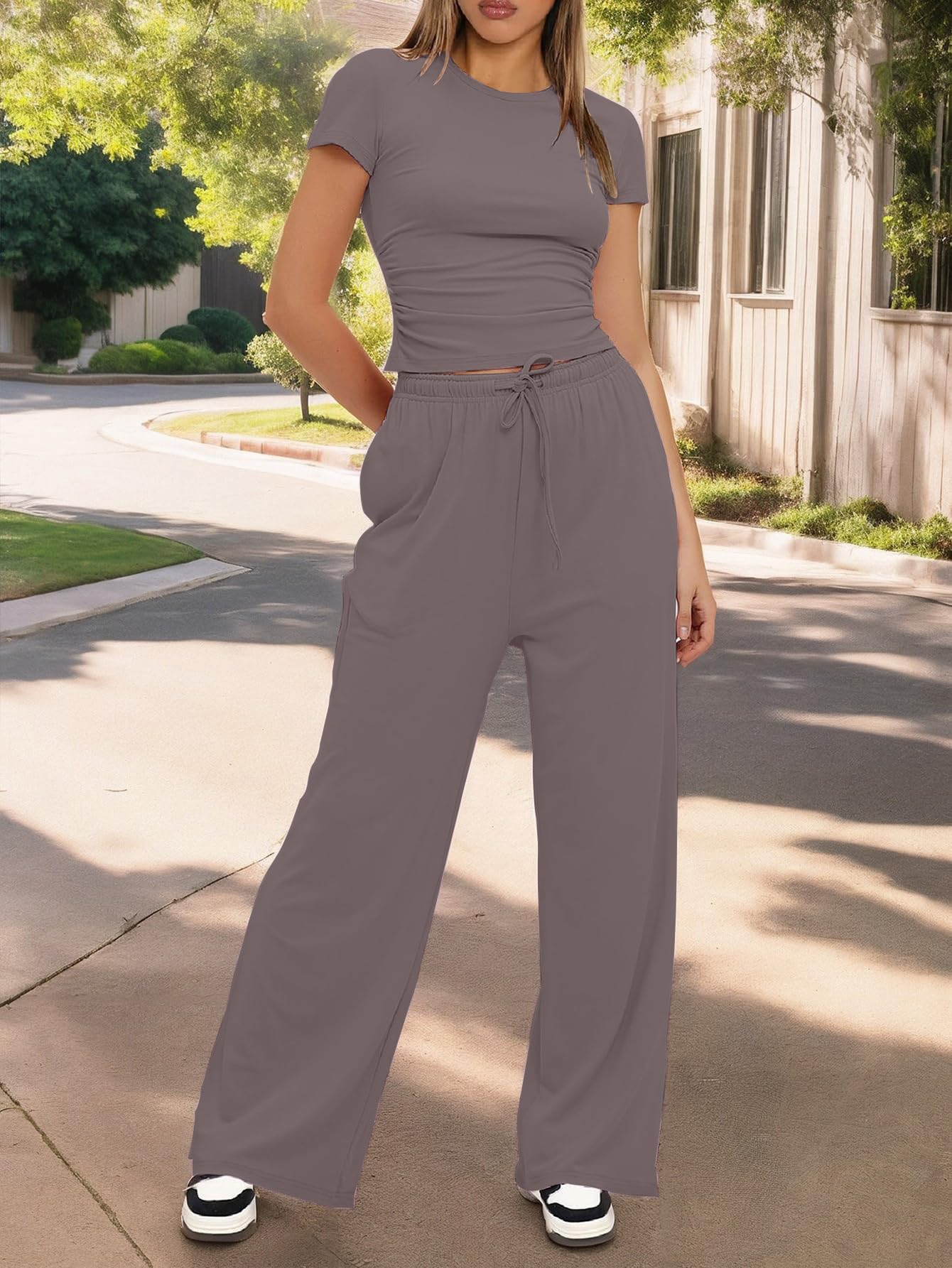 Women's 2 Piece Lounge Set Ruched Short Sleeve Tops High Waisted Wide Leg Pants — view 8