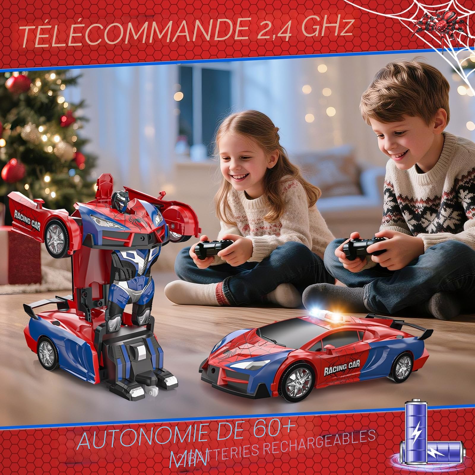 Kssvzz Spider Voiture Télécommandée Enfant 3 4 5 6 7 8 9 Ans, 2 en 1 Transformable RC Radiocommandée Robot, 2.4 GHz & 360° Rotation Jouet Garcon 3+ Ans Cadeau Anniversaire Noël