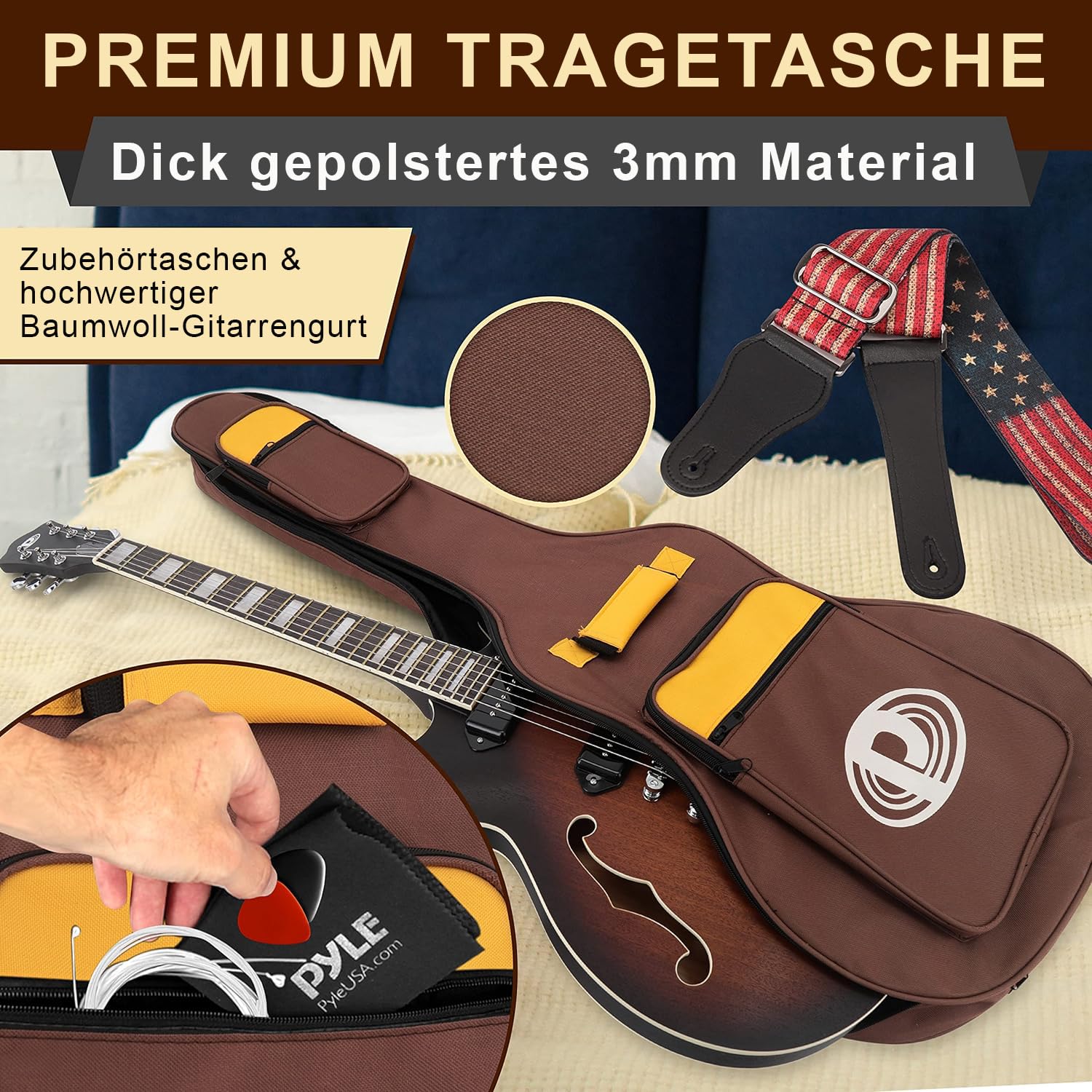 Pyle Jazz E‑Gitarre Semi‑Hollow – 6‑Saitige Vintage‑Style Gitarre mit Cutaway & Zubehörpaket – Jazz‑Sound für kreative Einsteiger & Blues‑Fans, Sunburst Look, P90 Pickups