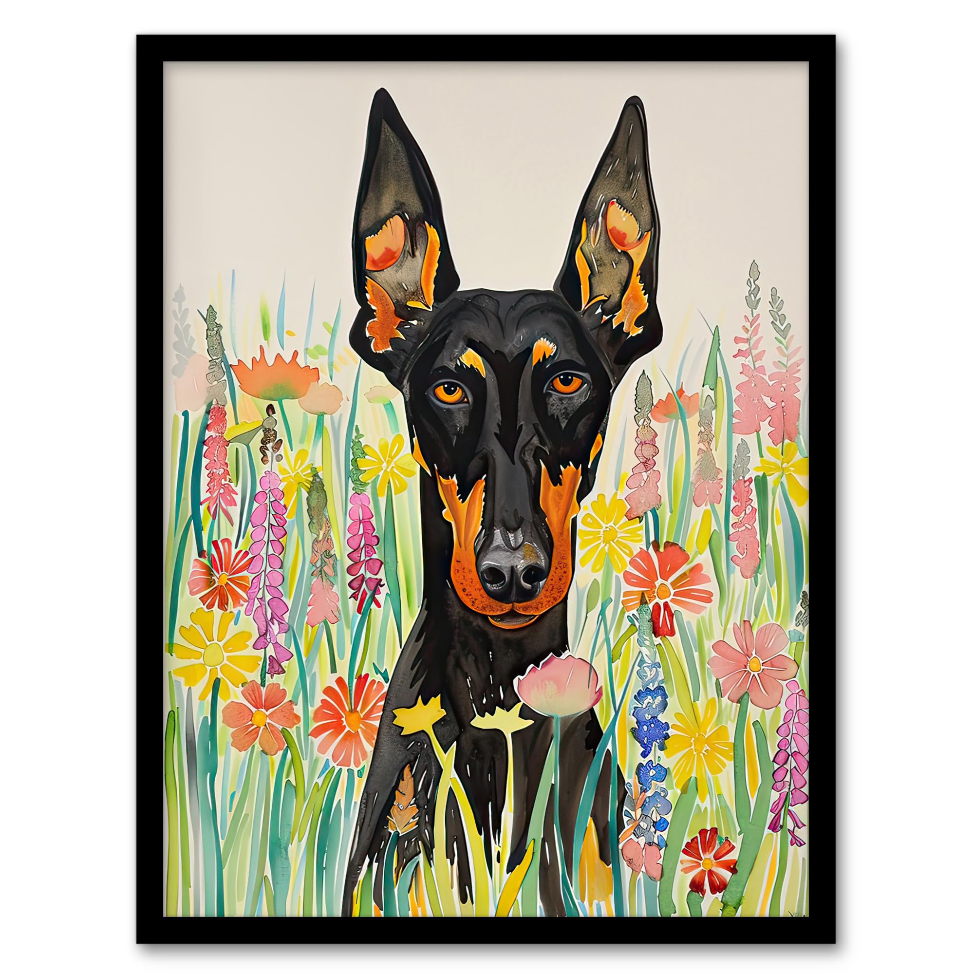 Artery8 Doberman in Spring Meadow Vibrant Portrait Living Room Artwork Framed Wall Art Print A4