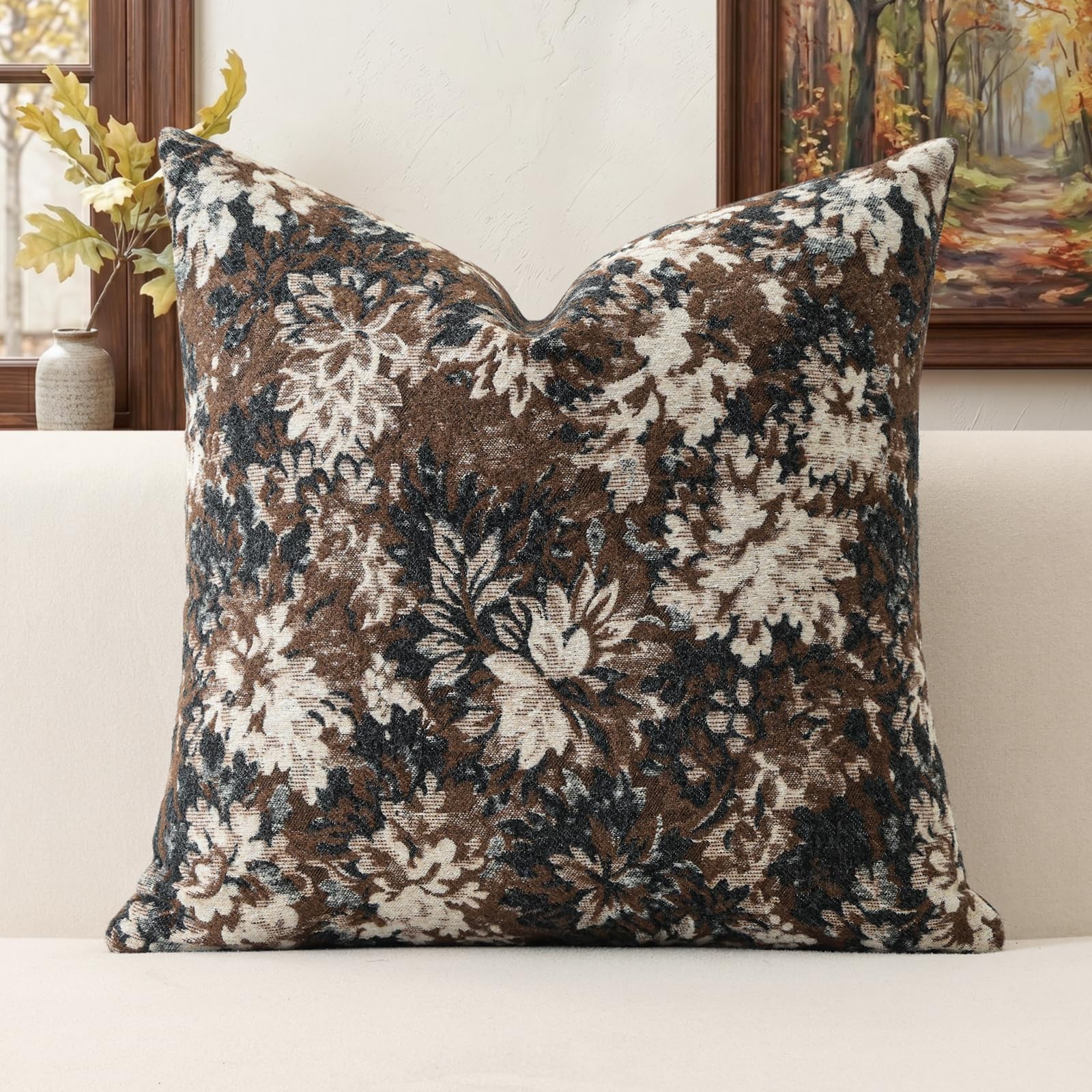 Artscope Set of 1 Neutral Floral Cushion Cover 45x45cm, Vintage Chenille Square Throw Pillow Cover Soft Decorative Farmhouse Accent Couch Pillow Cover for Living Room Bedroom Coffee Brown