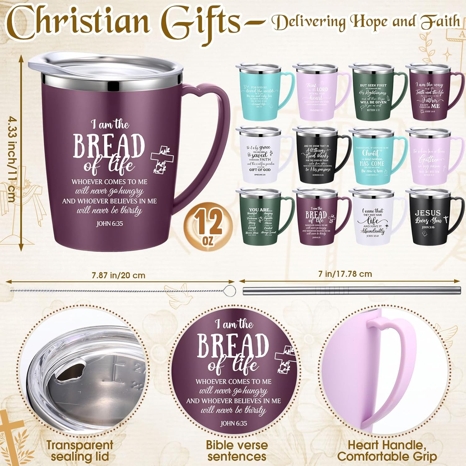 12 Pcs Valentines Christian Coffee Mugs with Lid and Straw Bible Verse Religious Gifts Tumbler 12 oz Stainless Steel Insulated Inspirational Tumbler for Church Women Men(Multicolor) - Image 2