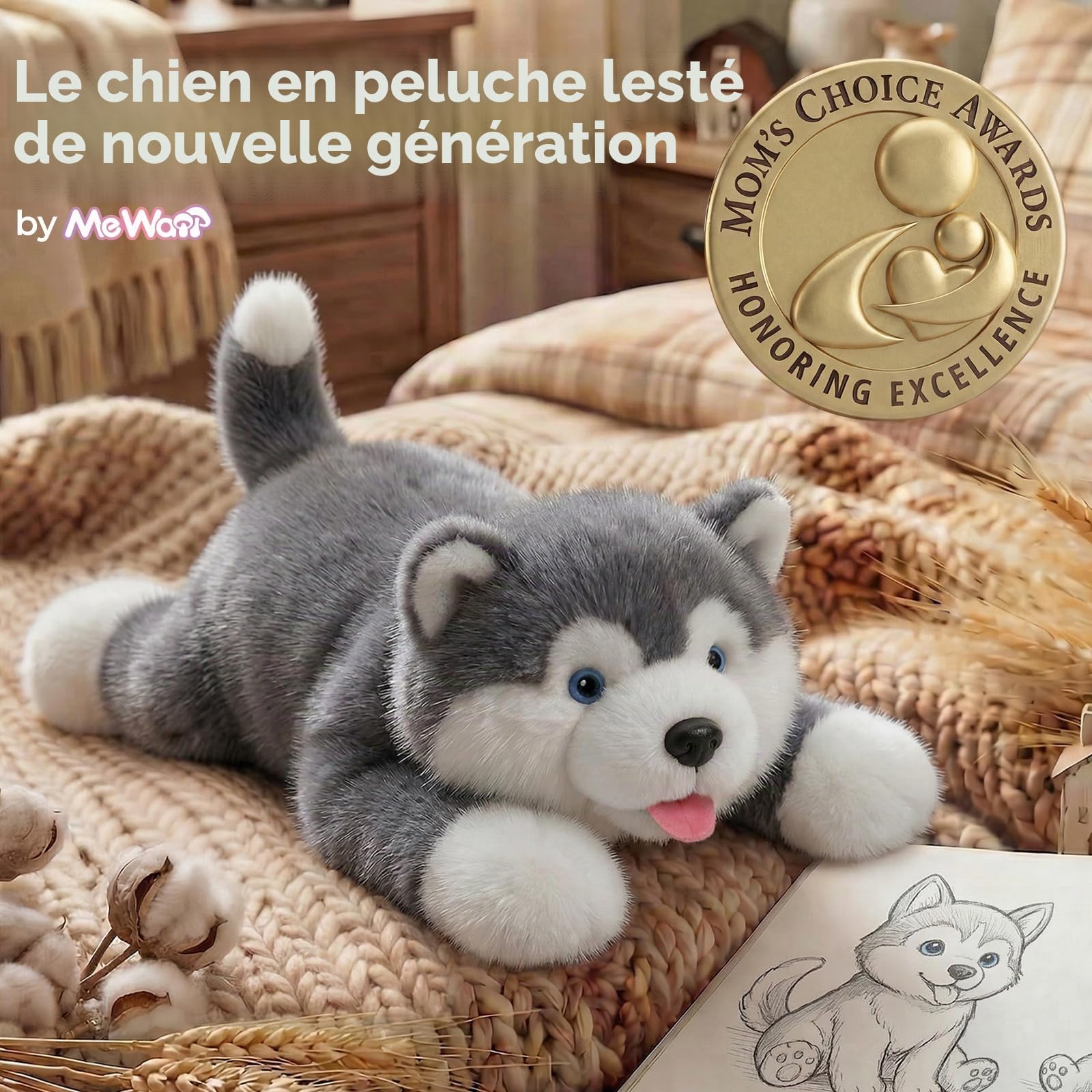Mewaii Peluche Lestée Chien, Lavable, Poids Réglable, 2,3kg | Réfrigérable et Micro-ondable, Déco Mignonne Chambre/Bureau, Cadeau pour Enfants et Adolescents