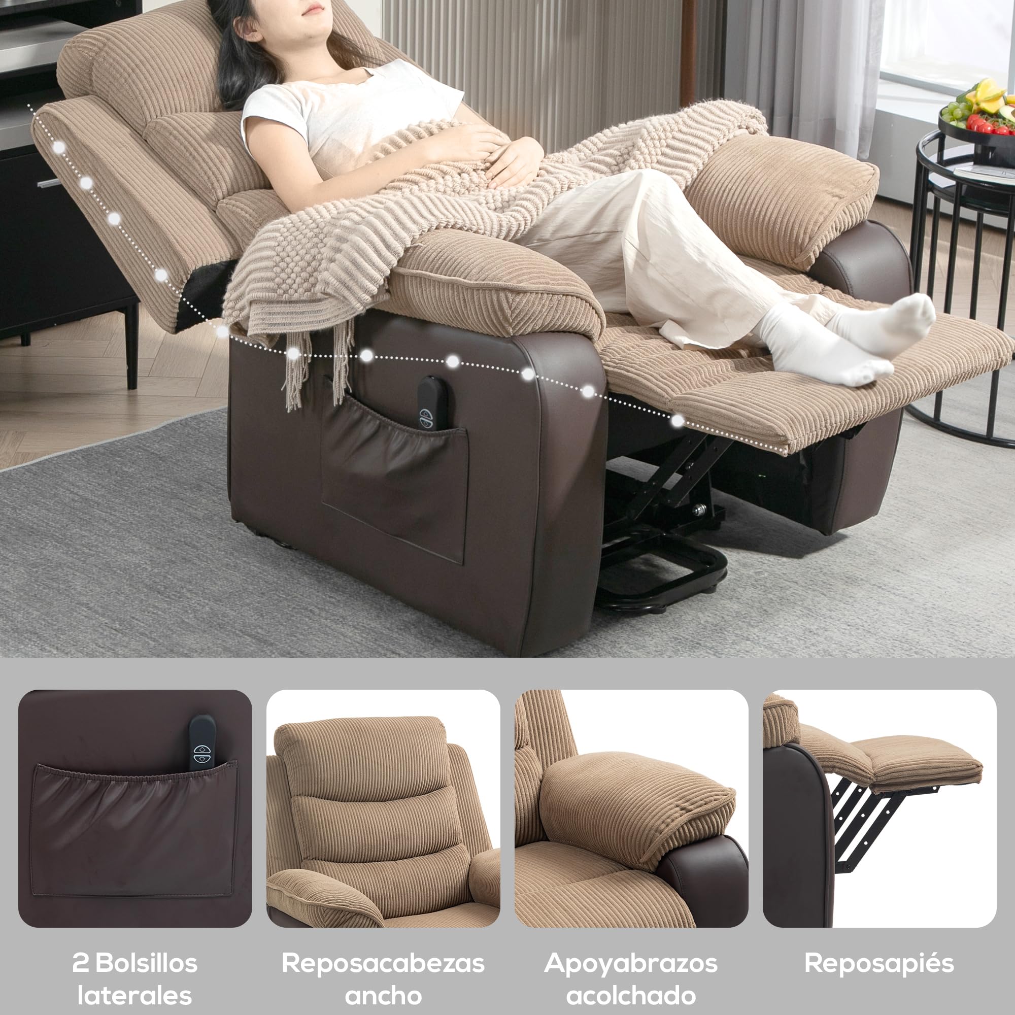 HOMCOM Sillón Relax Reclinable Eléctrico Levanta Personas, Sillón Elevador, con Puerto USB, Control Remoto, Reposapiés, Tapizado en Pana, Bolsillos Laterales, Marrón