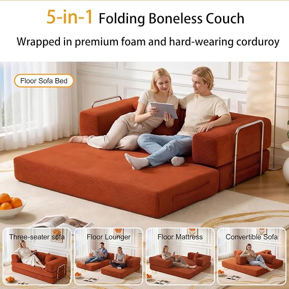 Vipbear 160cm Boneless Sofa with Foam & Springs for Bedroom,Orange