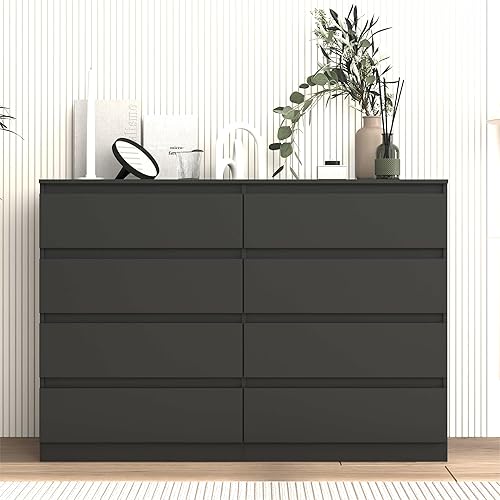 Miniatura 8 de VERYKE Cómoda negra de 8 cajones para dormitorio, cómoda con diseño sin asas para armario, cómoda de madera moderna para dormitorio