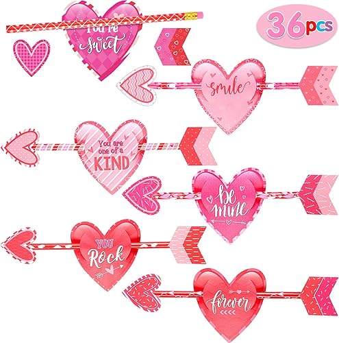 Zonon 36 lápices de San Valentín con tarjetas de regalo de corazón y tarjeta de decoración de lápiz, regalos del día de San Valentín para niños,