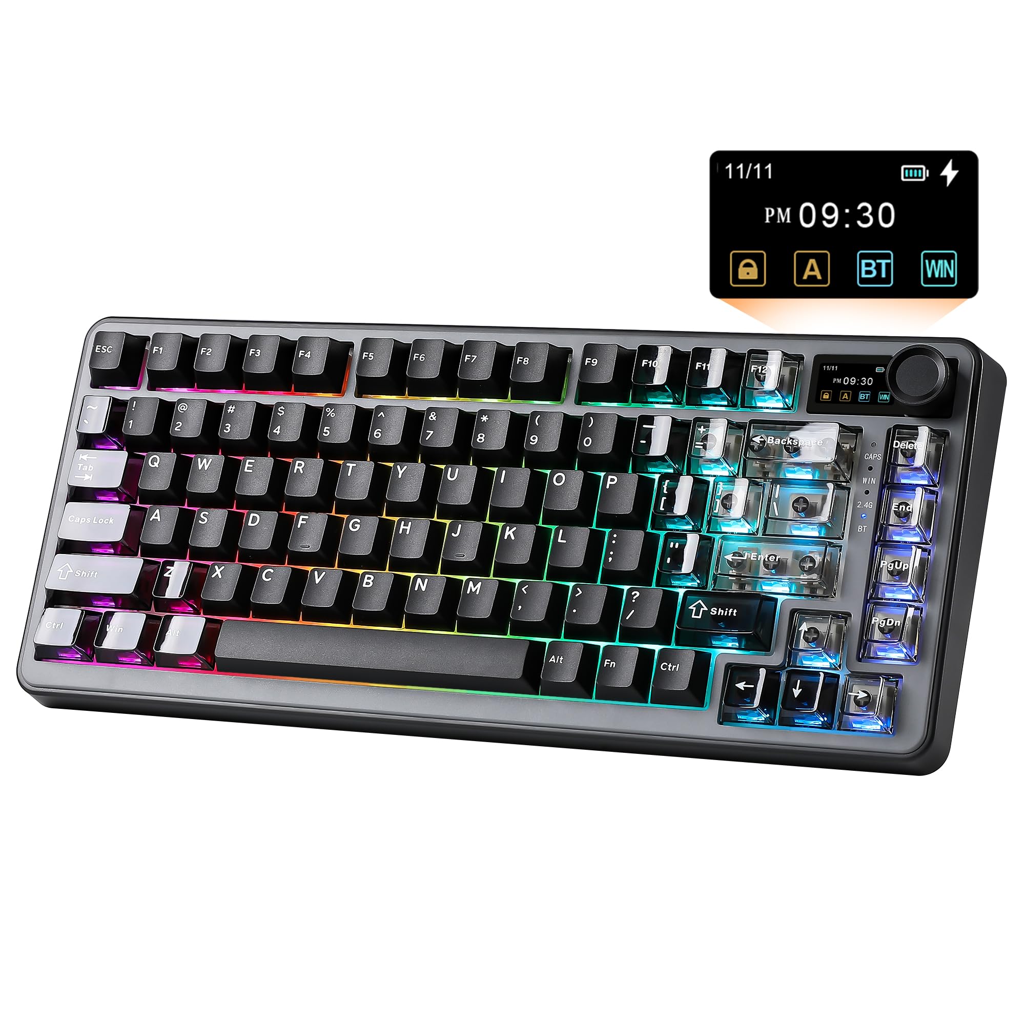 YUNZII B75 Pro Max QMK/Via Clavier Mecanique sans Fil, 75% Disposition avec Écran TFT et Molette, Gasket Hot Swap Switch Pré-lubrifiés, RGB, BT/Filaire/2,4G pour Win/Mac (Noir, Candy Switch)