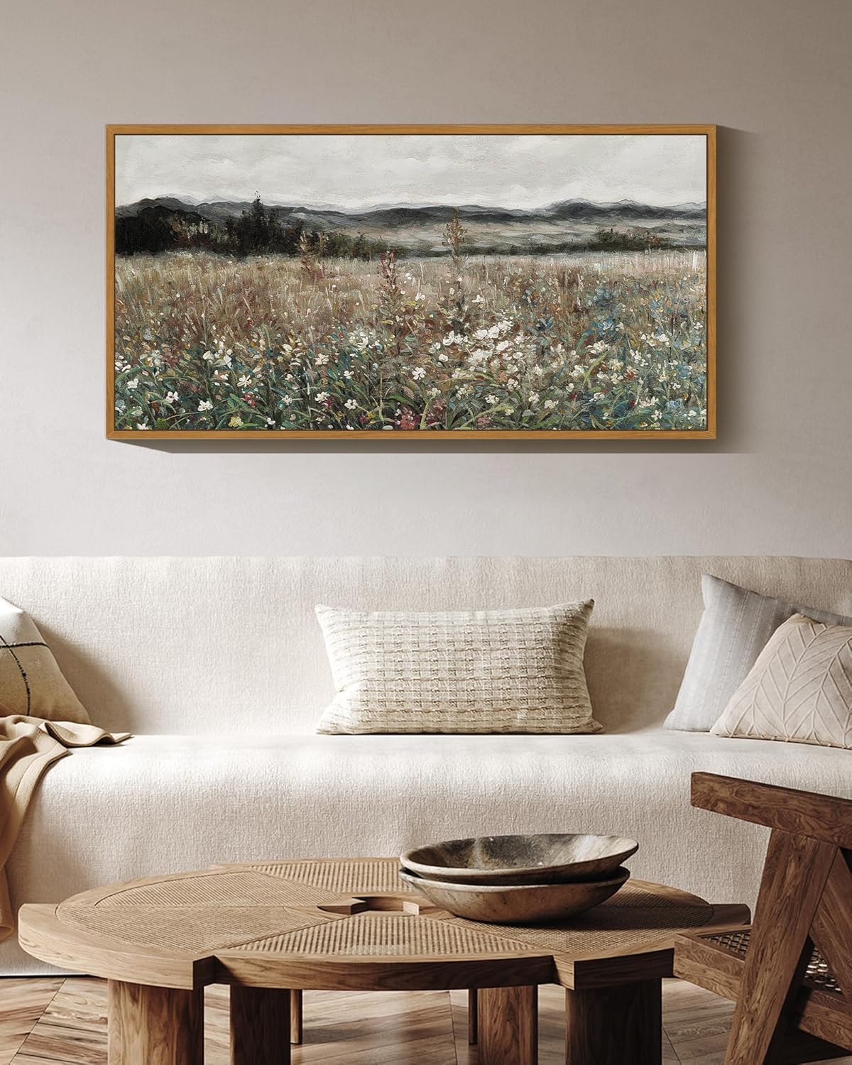 KUVIOKE Vintage Landscape Framed Wall Art 20x40in Large Meadow Sea of Flower Field Wall Prints Classic Retro Farmhouse Rustic Decorations for Living Room Bedroom (Natural Framed)