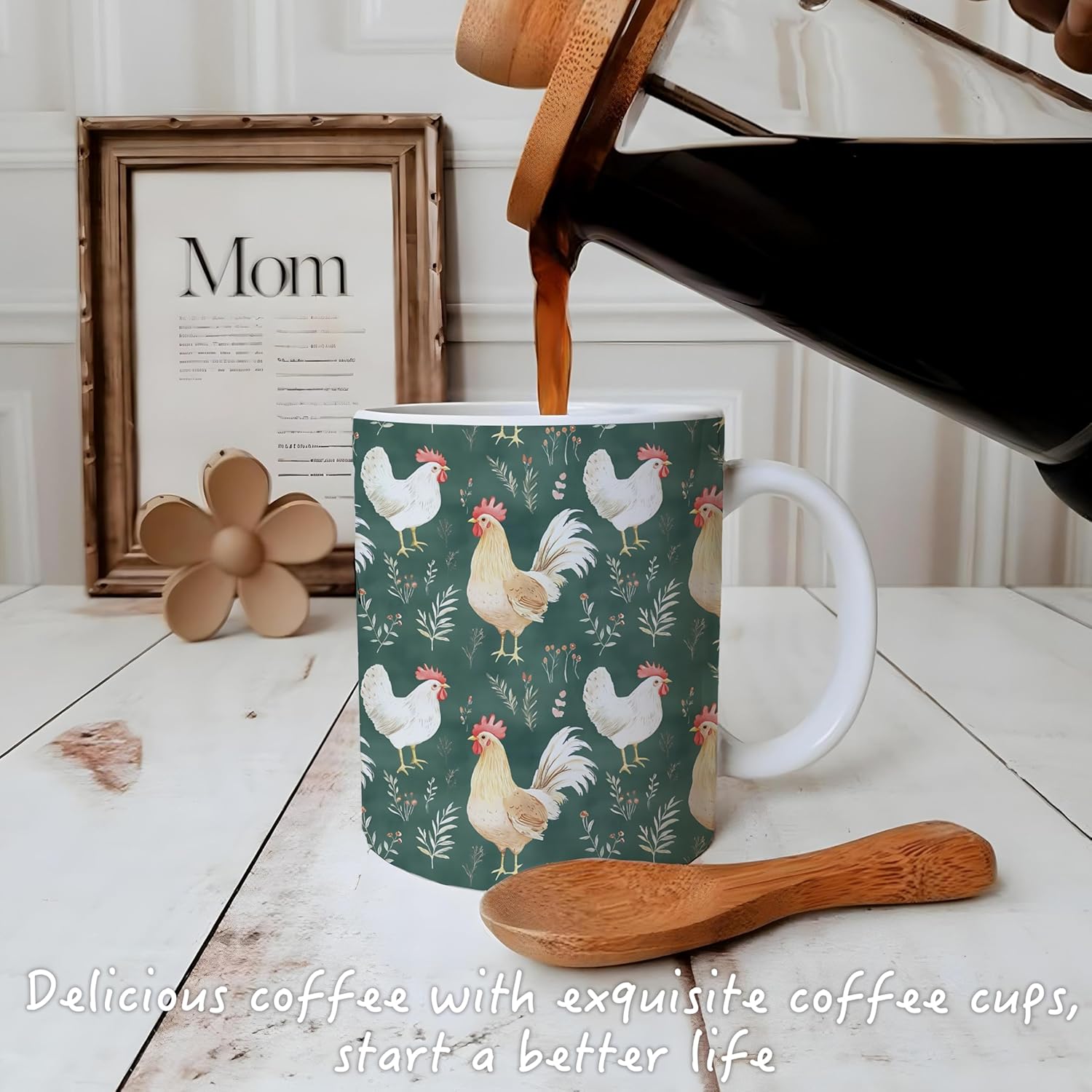 Farmhouse Chicken Floral Mug, Chicken Gifts for Women Mom Lady Coffee Cups Ceramic, Cottagecore Farm Animal Hen Rooster Floral Coffee Tea Mug 11oz - Image 3