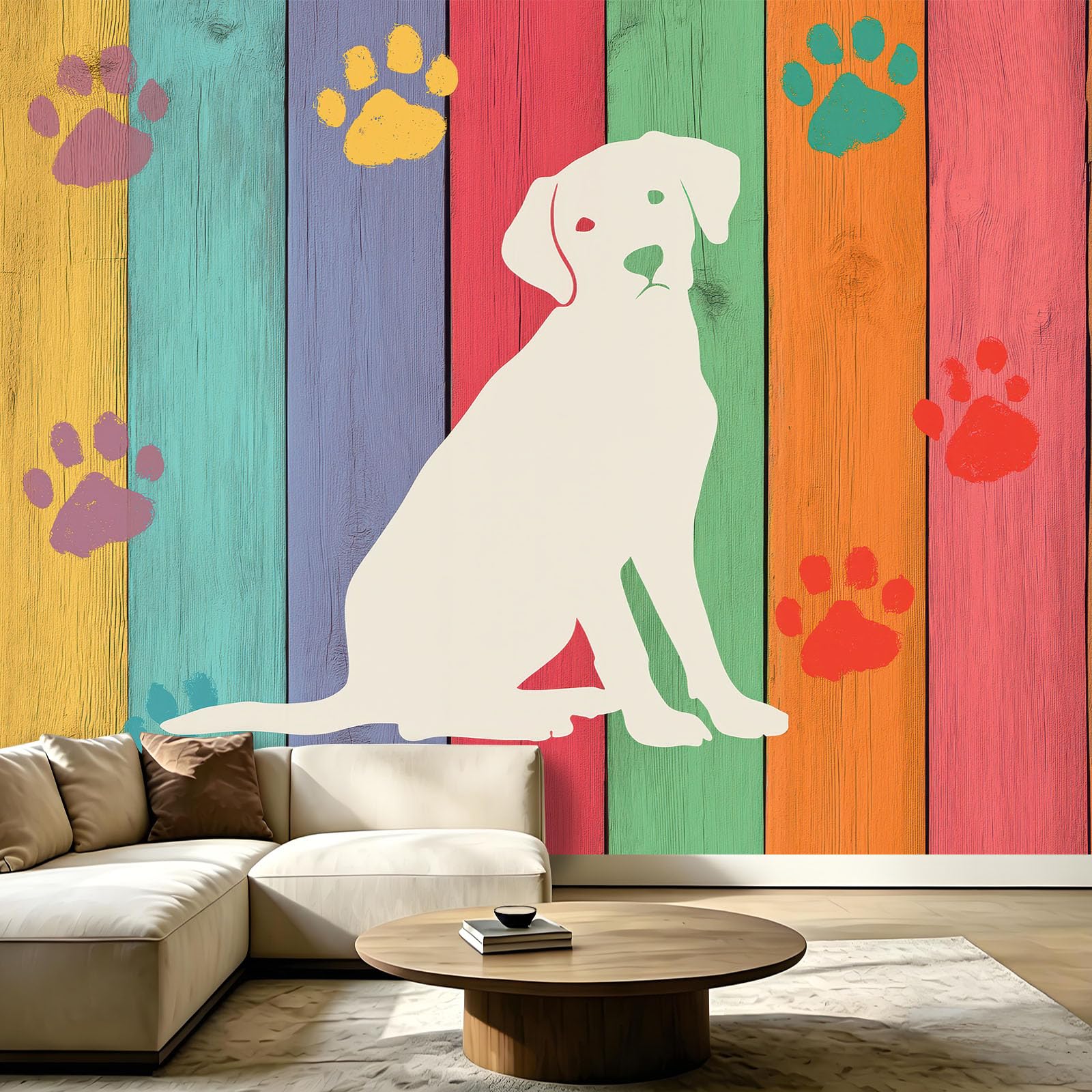 Carta da parati fotografica con animali, semplice, 200 x 140 cm (larghezza x altezza), in tessuto non tessuto, decorazione da parete, motivo: cane su tavola di legno, per camera da letto, soggiorno
