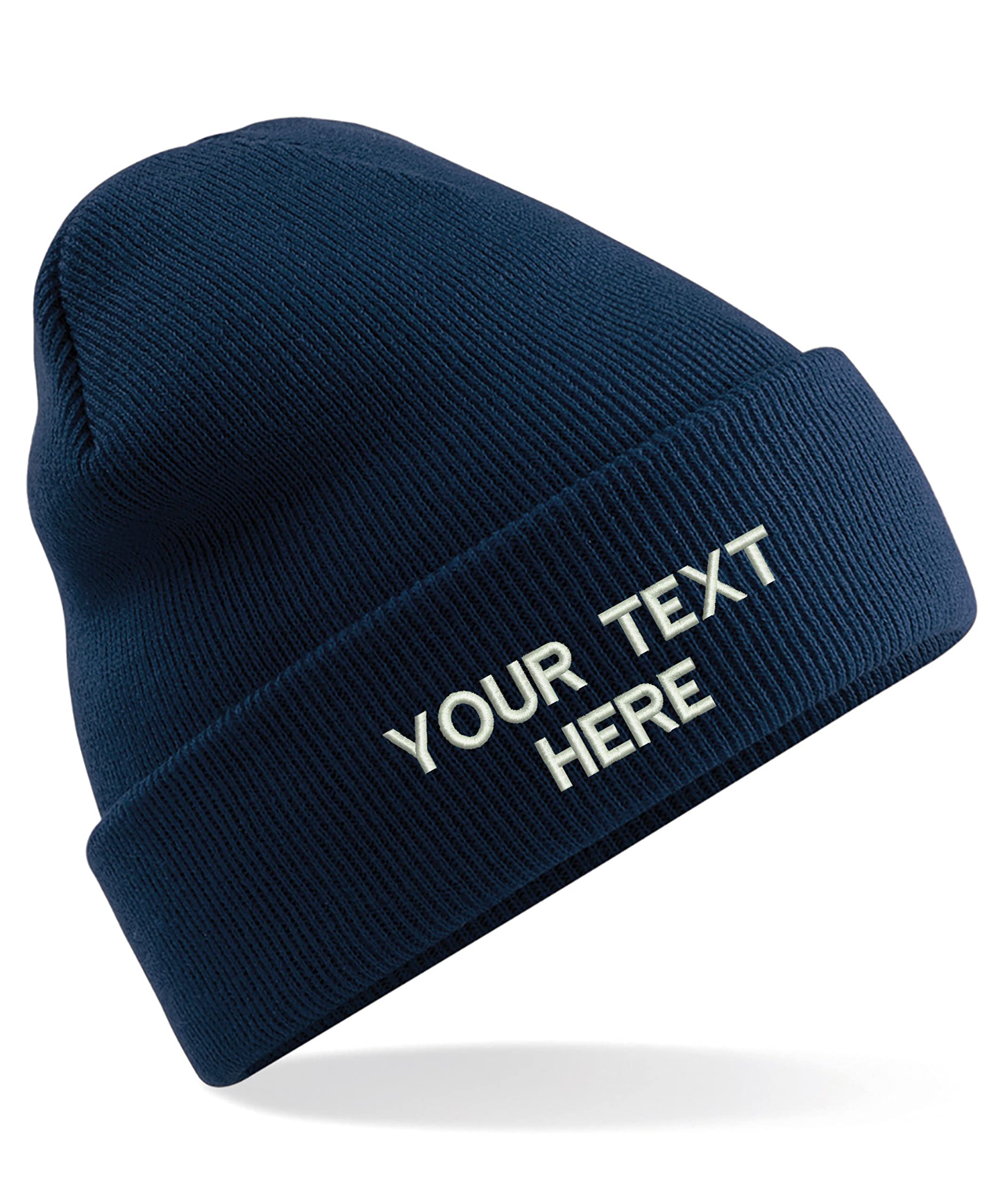 Personalised Embroidered Your Text Beanie, Knitted Cap Your Name Hat Unisex Gift (French Navy)